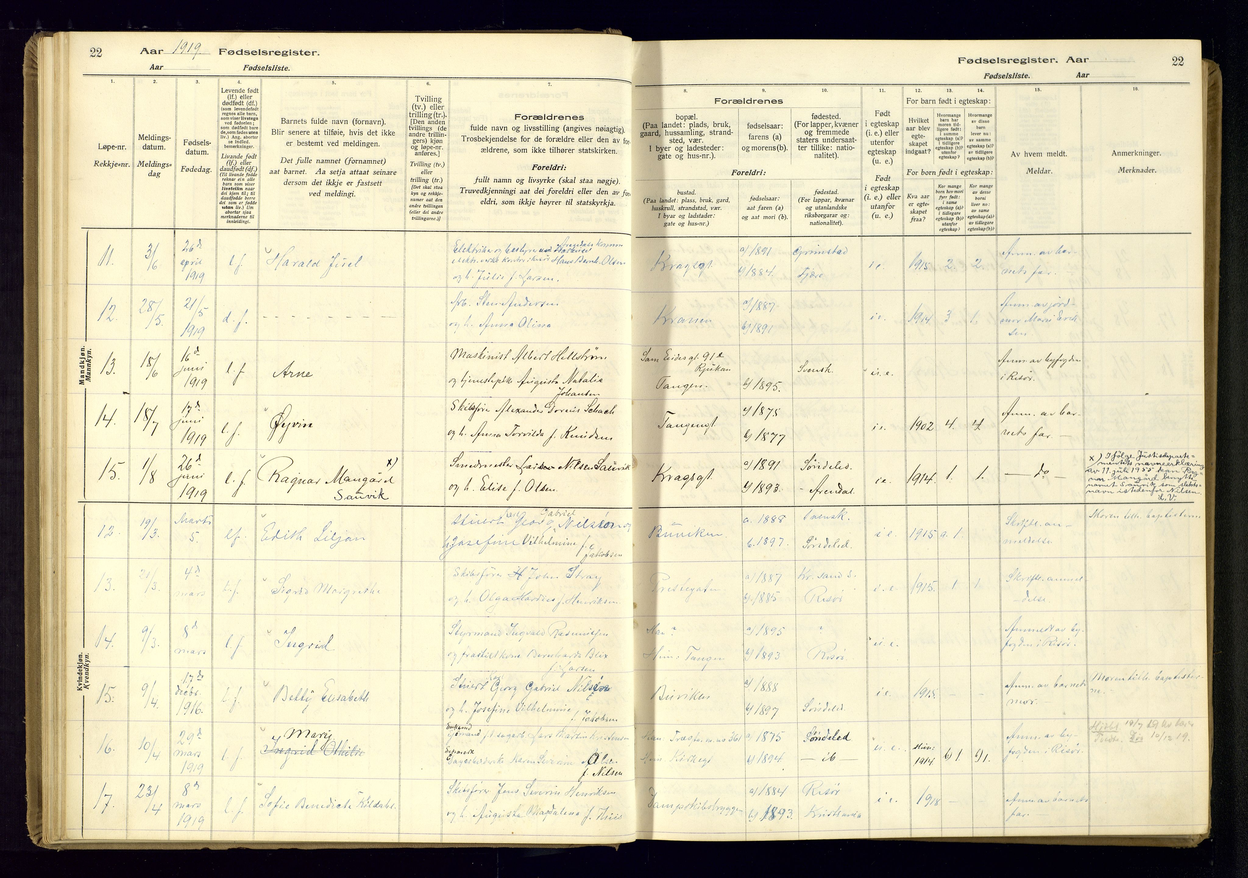Risør sokneprestkontor, AV/SAK-1111-0035/J/Ja/L0001: Fødselsregister nr. A-VI-13, 1916-1947, s. 22