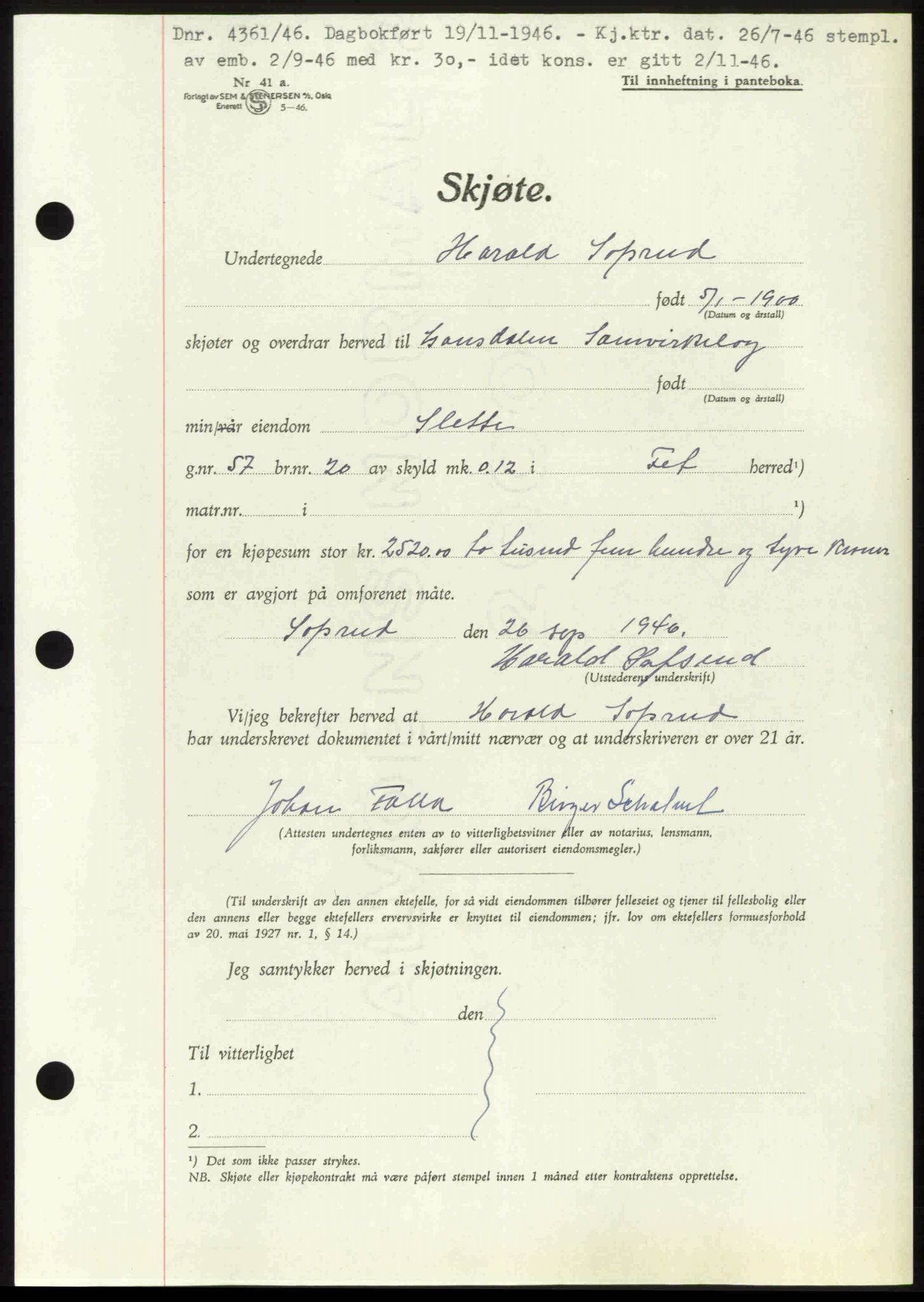 Nedre Romerike sorenskriveri, AV/SAO-A-10469/G/Gb/Gbd/L0017: Pantebok nr. 17, 1946-1946, Dagboknr: 4361/1946