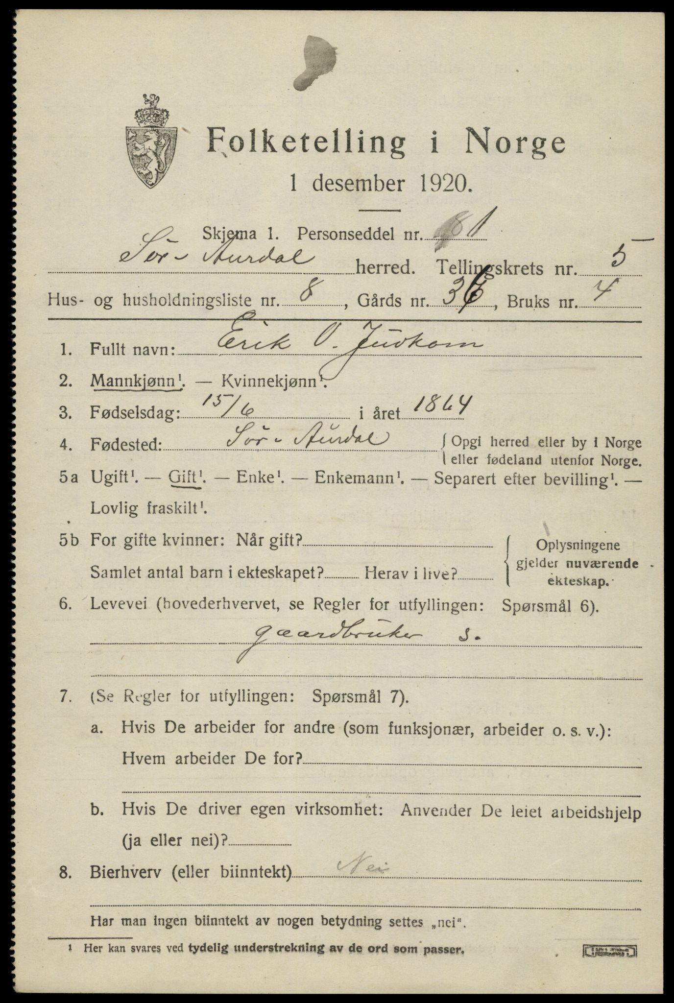 SAH, Folketelling 1920 for 0540 Sør-Aurdal herred, 1920, s. 2811