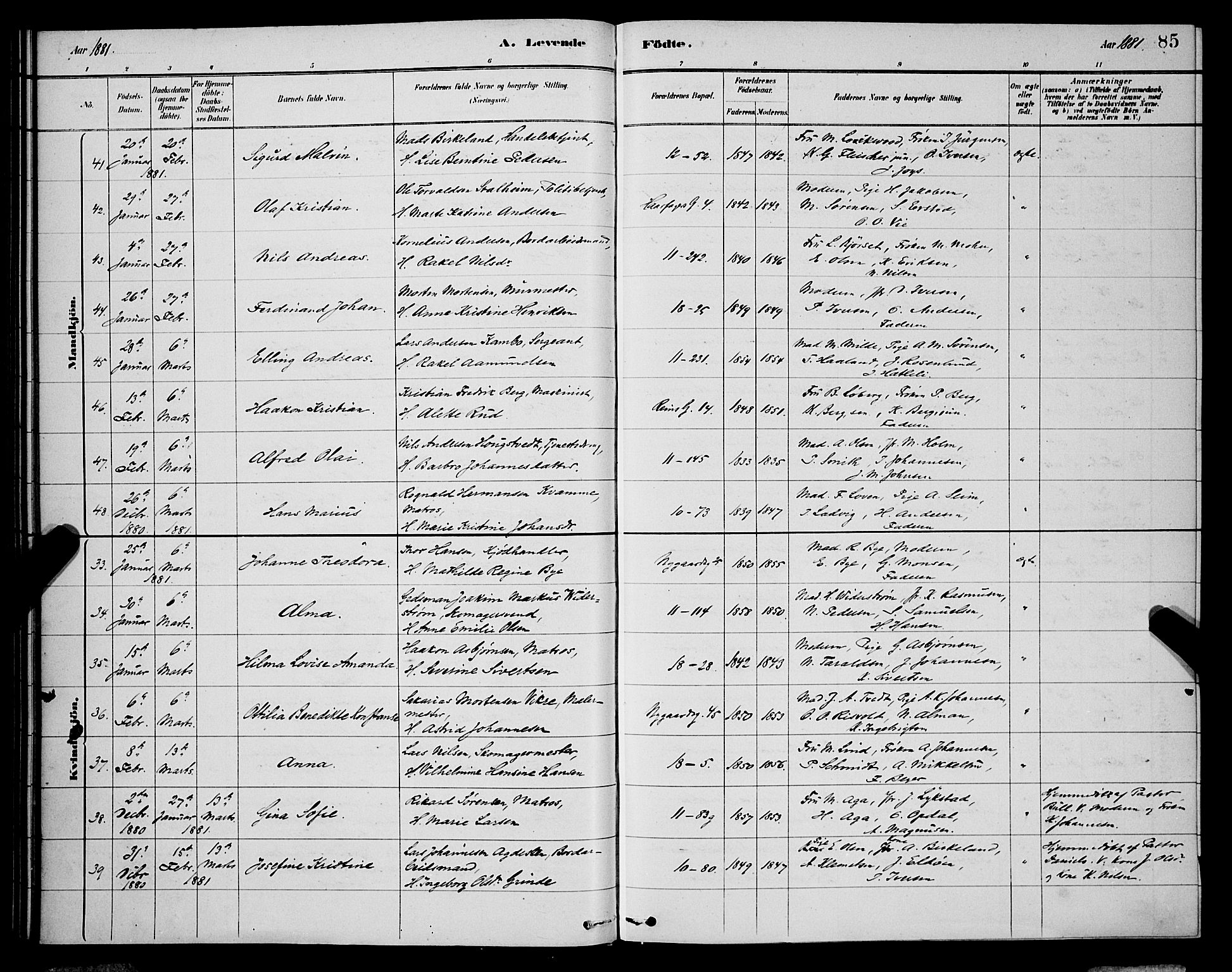 Domkirken sokneprestembete, AV/SAB-A-74801/H/Hab/L0015: Klokkerbok nr. B 8, 1879-1887, s. 85