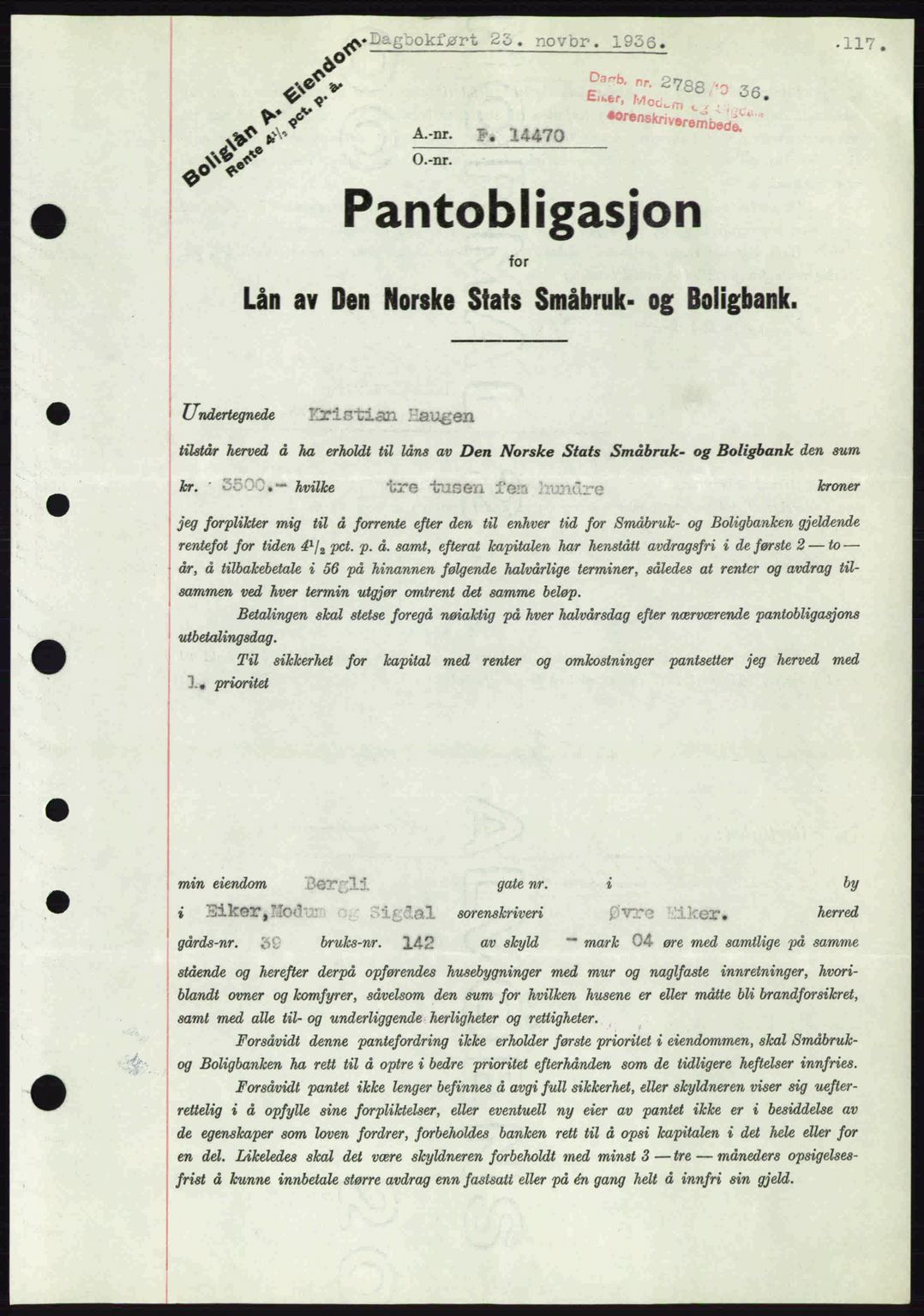 Eiker, Modum og Sigdal sorenskriveri, SAKO/A-123/G/Ga/Gab/L0034: Pantebok nr. A4, 1936-1937, Dagboknr: 2788/1936