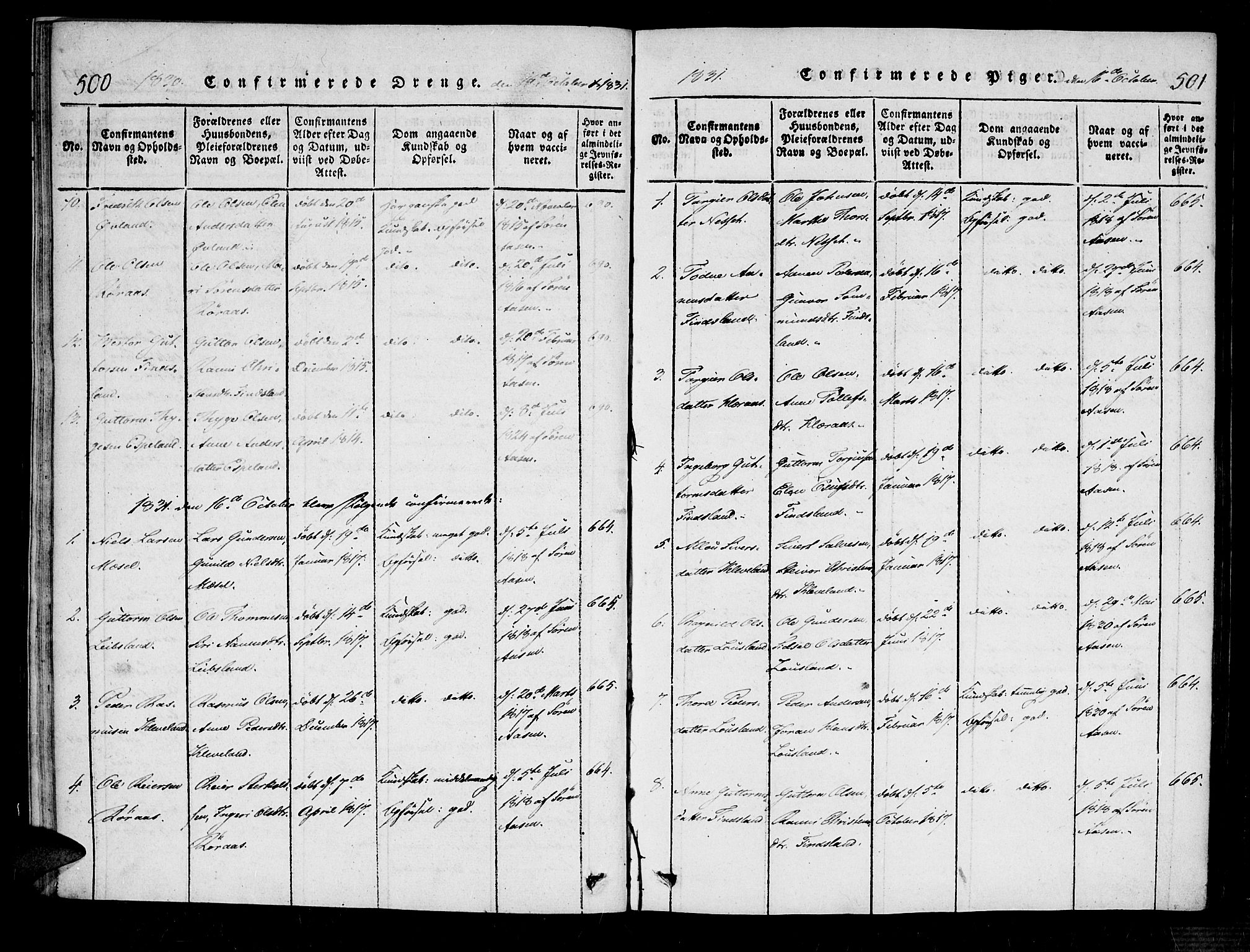 Bjelland sokneprestkontor, SAK/1111-0005/F/Fa/Fab/L0002: Ministerialbok nr. A 2, 1816-1869, s. 500-501