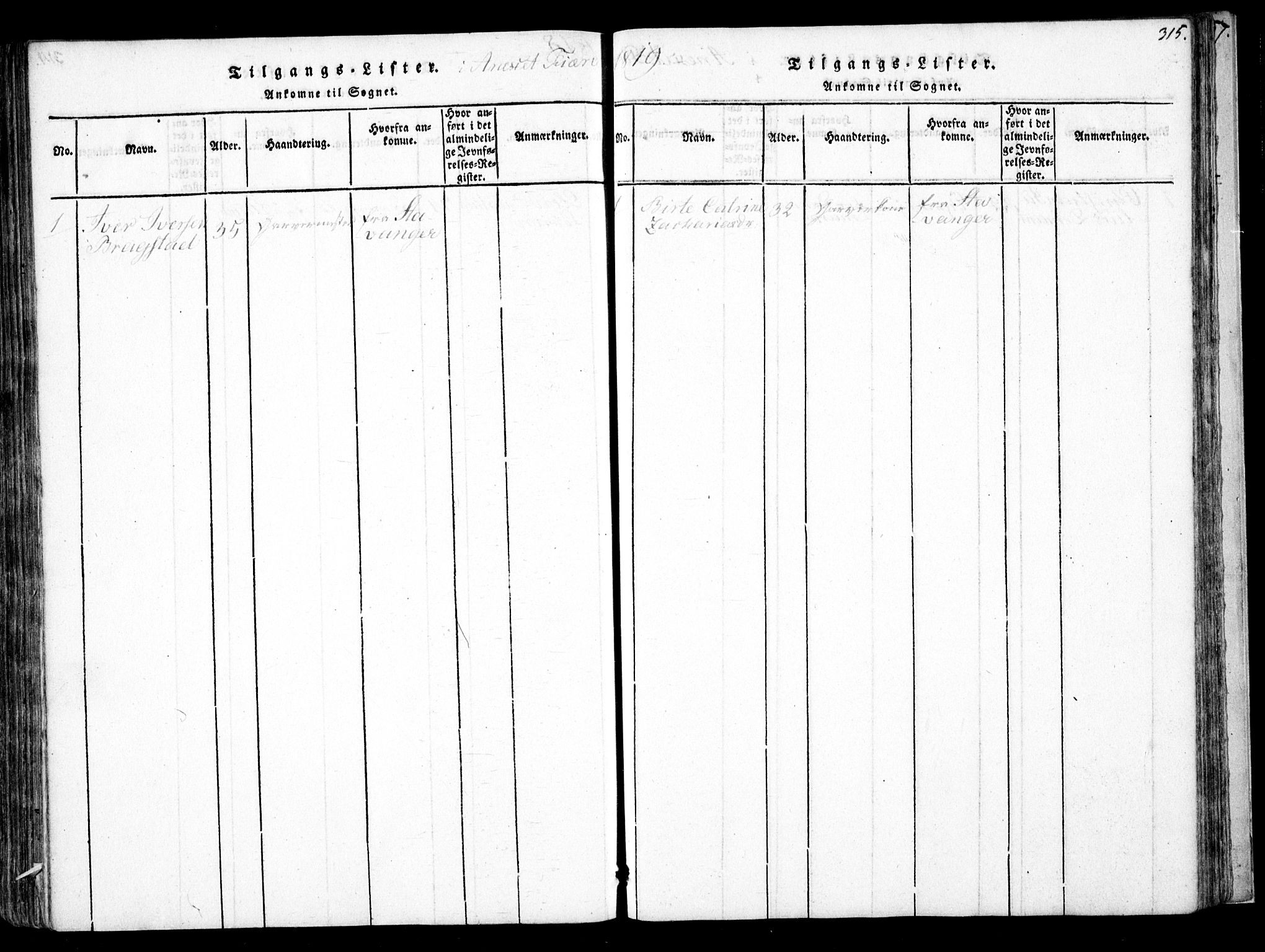 Fjære sokneprestkontor, AV/SAK-1111-0011/F/Fb/L0007: Klokkerbok nr. B 7, 1816-1826, s. 315