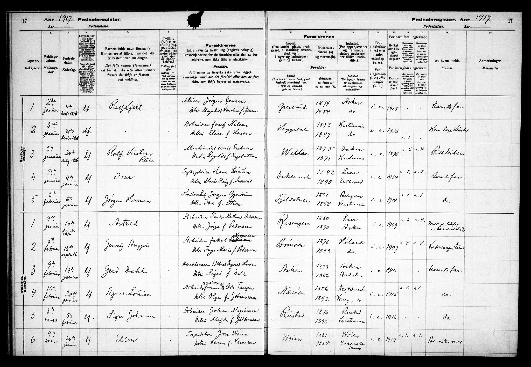 Asker prestekontor Kirkebøker, SAO/A-10256a/J/L0001: Fødselsregister nr. 1, 1916-1925, s. 17