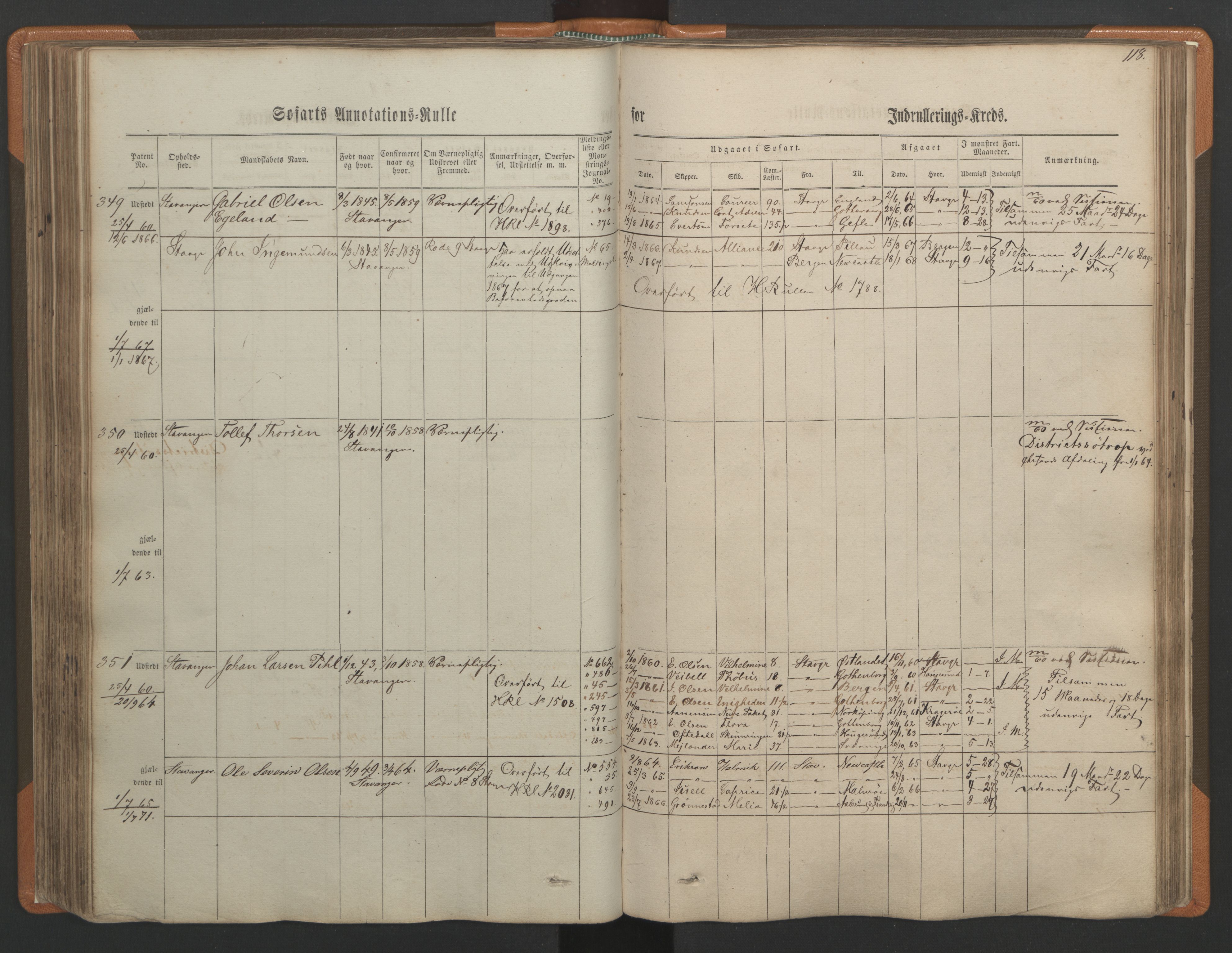 Stavanger sjømannskontor, AV/SAST-A-102006/F/Ff/L0001: Annotasjonsrulle, patentnr. 1-597 (del 1), 1860-1864, s. 127