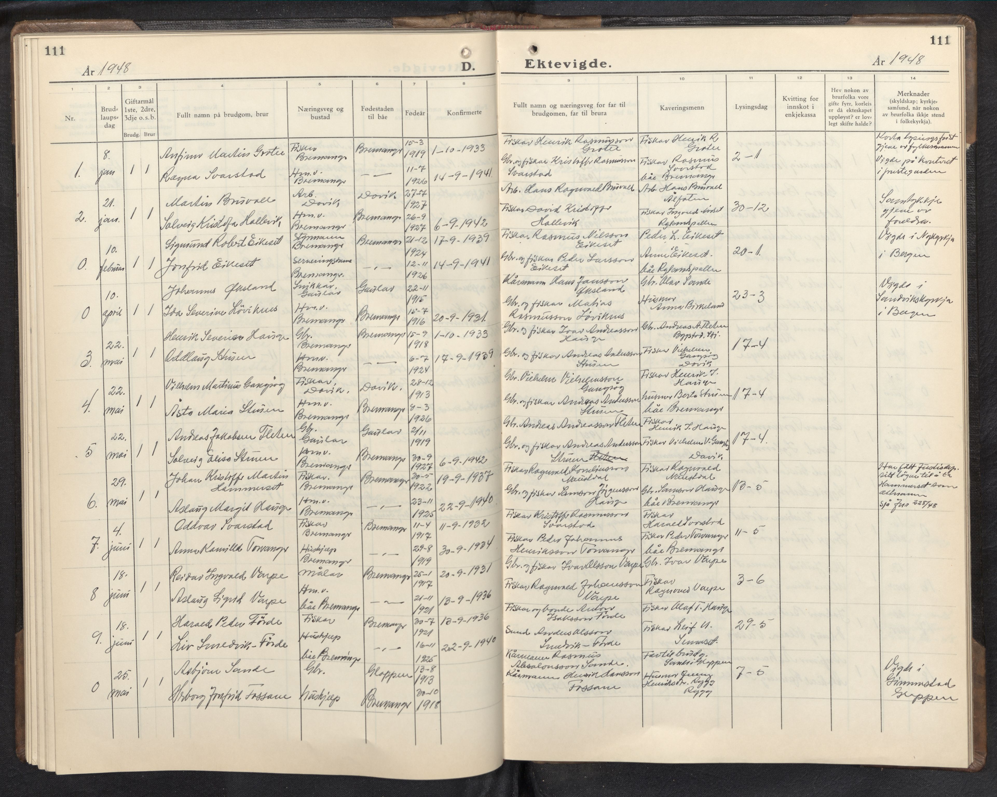 Bremanger sokneprestembete, AV/SAB-A-82201/H/Hab/Habc/L0003: Klokkerbok nr. C 3, 1936-1952, s. 111