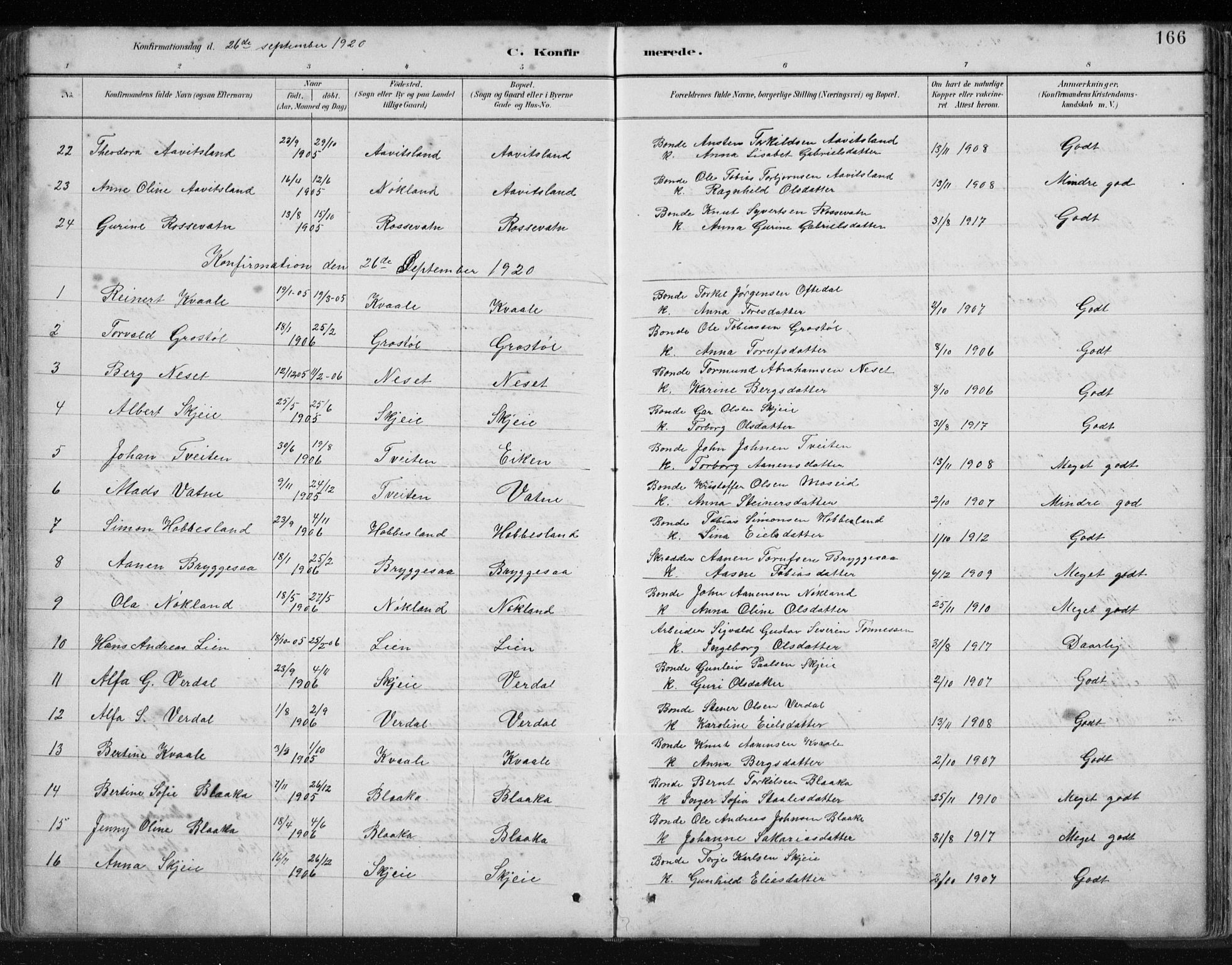 Hægebostad sokneprestkontor, AV/SAK-1111-0024/F/Fb/Fbb/L0003: Klokkerbok nr. B 3, 1887-1937, s. 166