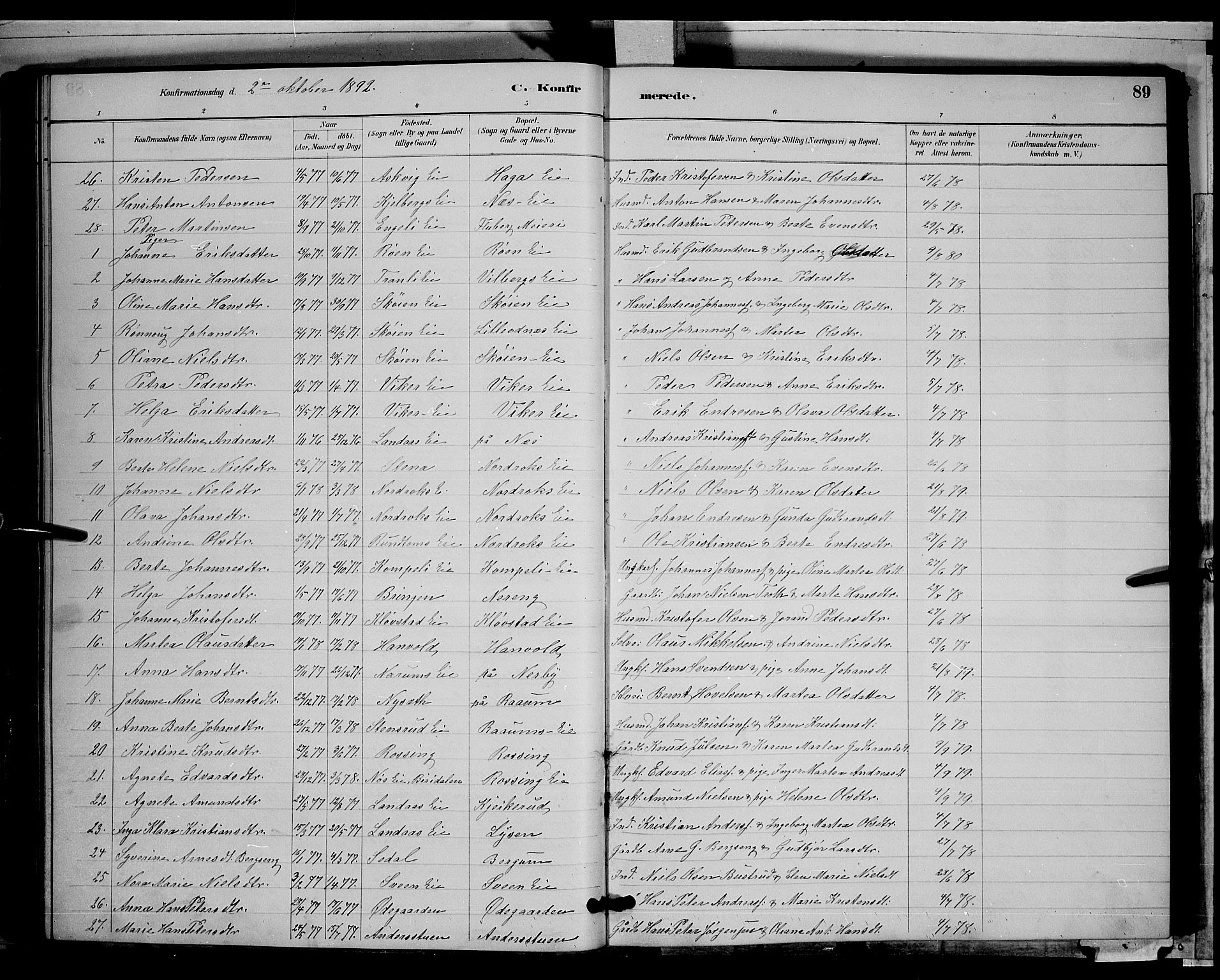 Søndre Land prestekontor, AV/SAH-PREST-122/L/L0003: Klokkerbok nr. 3, 1884-1902, s. 89