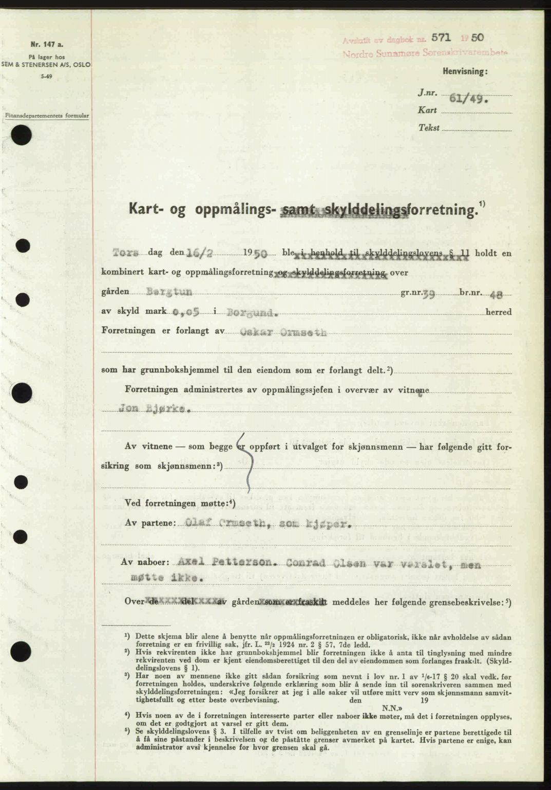 Nordre Sunnmøre sorenskriveri, AV/SAT-A-0006/1/2/2C/2Ca: Pantebok nr. A34, 1950-1950, Dagboknr: 571/1950