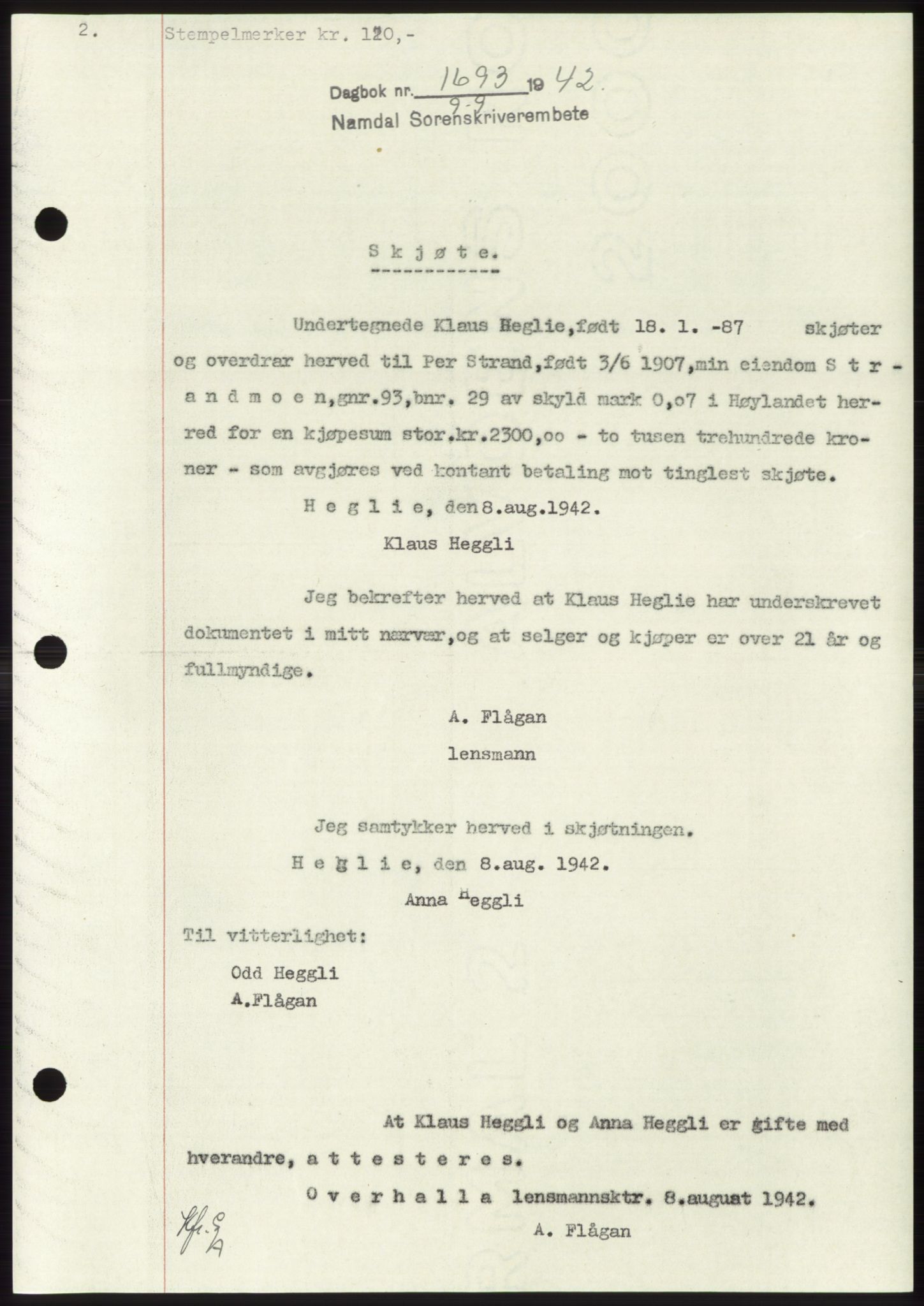 Namdal sorenskriveri, SAT/A-4133/1/2/2C: Pantebok nr. -, 1942-1943, Dagboknr: 1693/1942