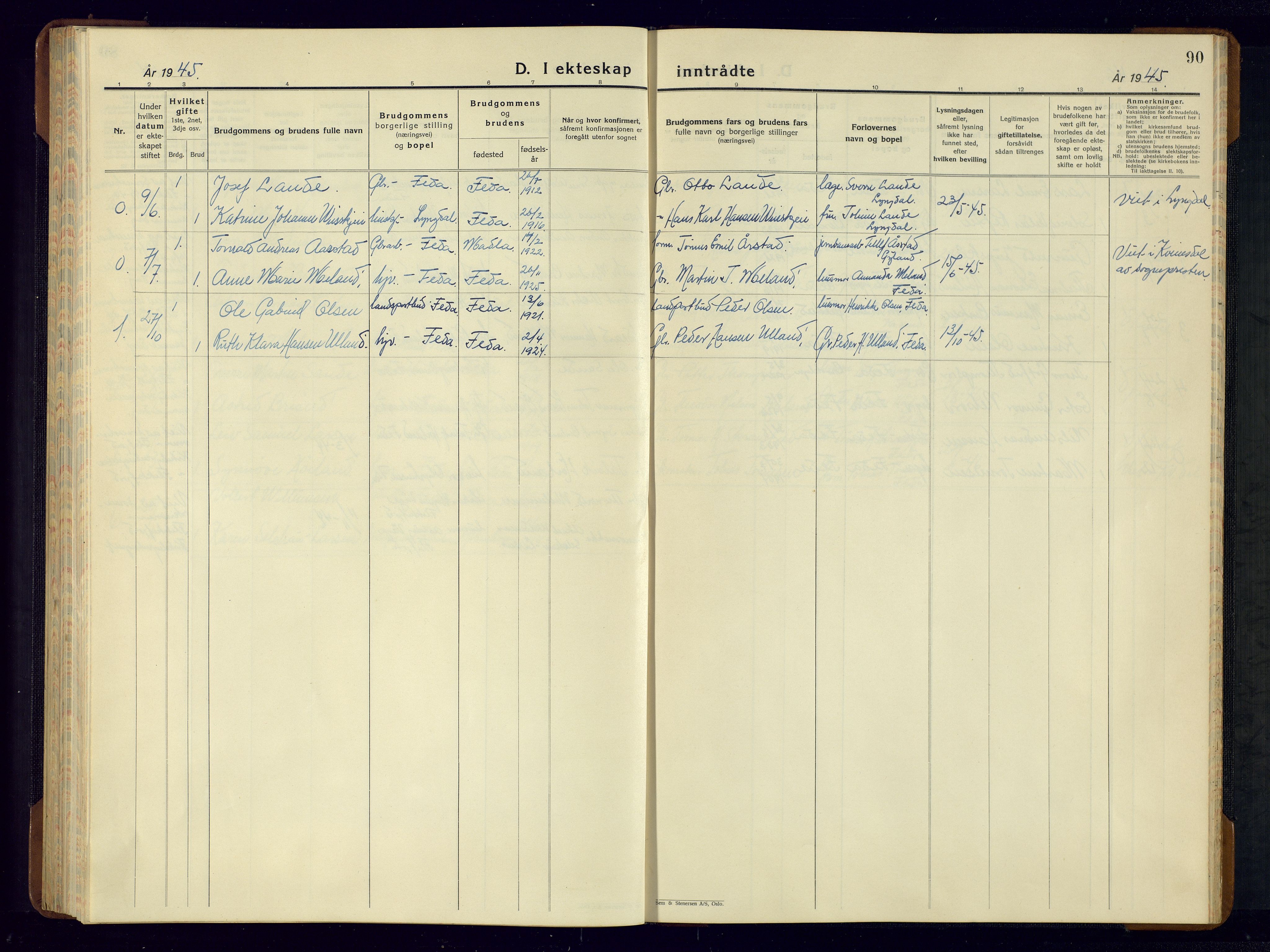 Kvinesdal sokneprestkontor, SAK/1111-0026/F/Fb/Fba/L0006: Klokkerbok nr. B 6, 1935-1956, s. 90