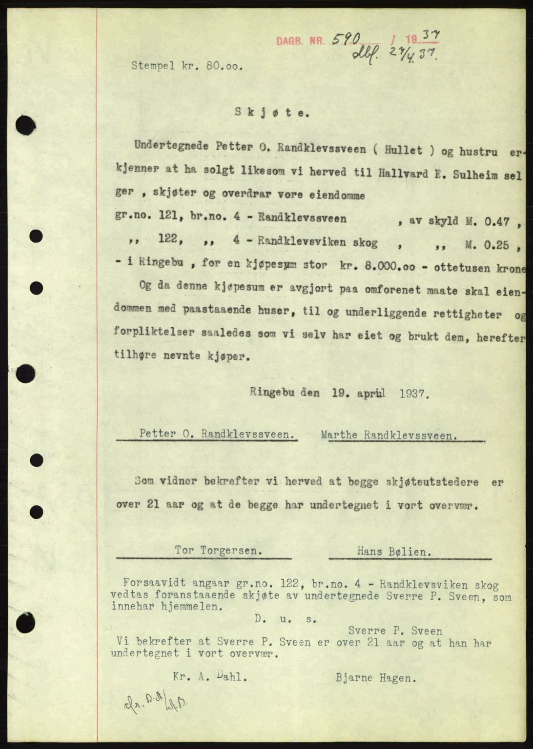 Sør-Gudbrandsdal tingrett, SAH/TING-004/H/Hb/Hbd/L0002: Pantebok nr. A2, 1936-1937, Dagboknr: 590/1937