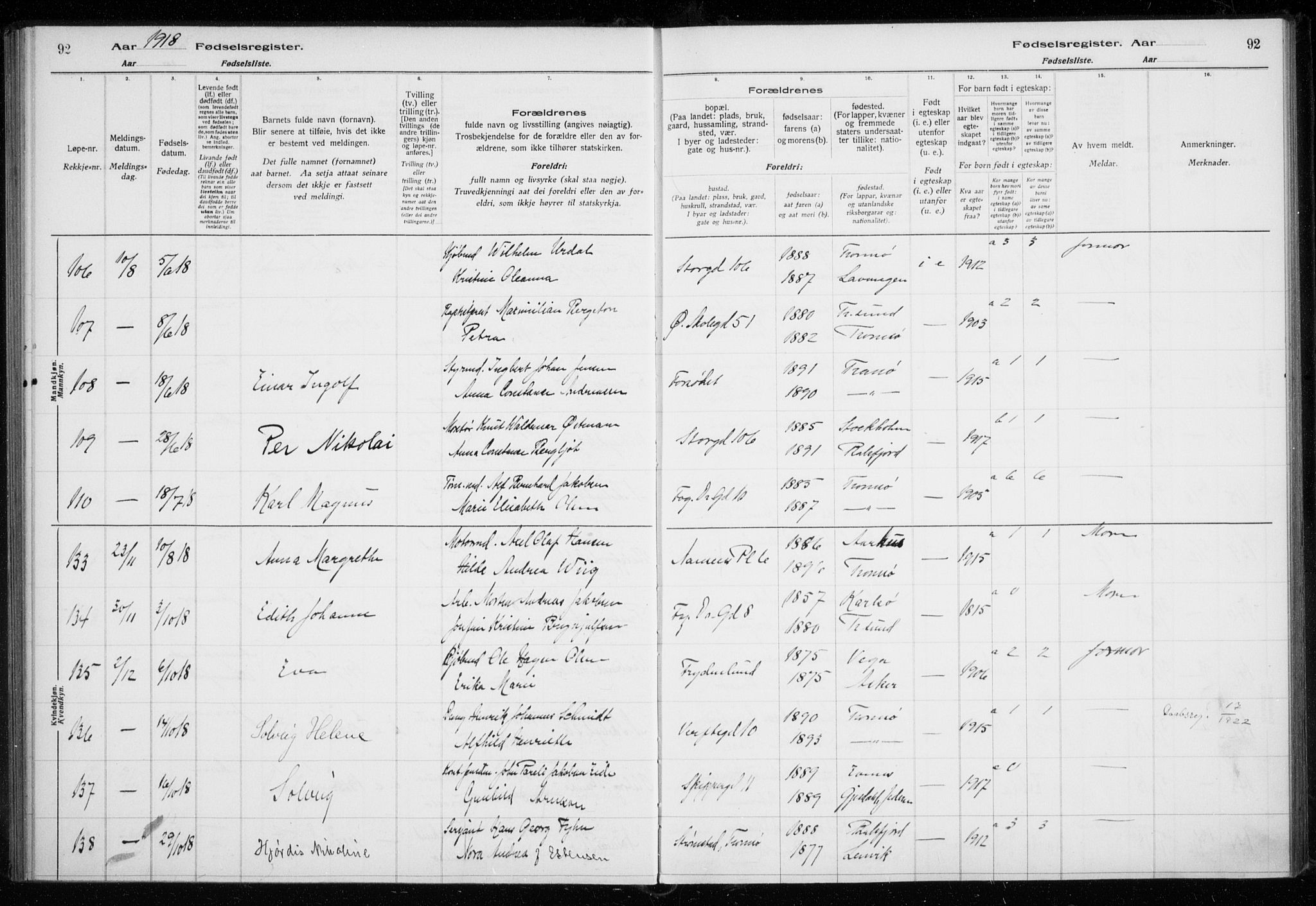 Tromsø sokneprestkontor/stiftsprosti/domprosti, SATØ/S-1343/H/Ha/L0131: Fødselsregister nr. 131, 1916-1921, s. 92