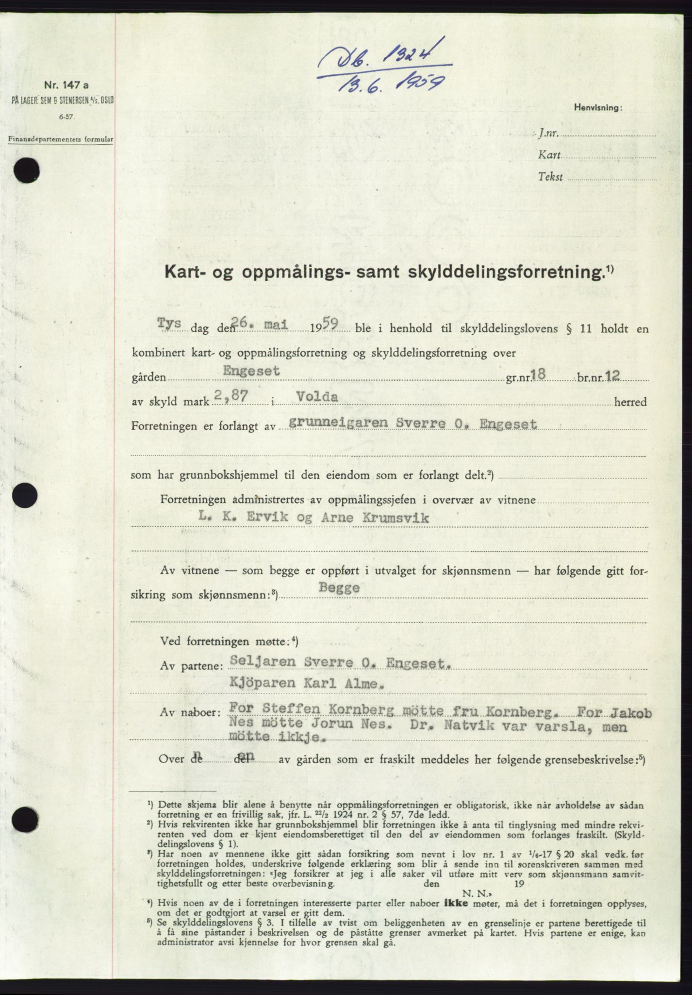 Søre Sunnmøre sorenskriveri, SAT/A-4122/1/2/2C/L0112: Pantebok nr. 38A, 1959-1959, Dagboknr: 1324/1959