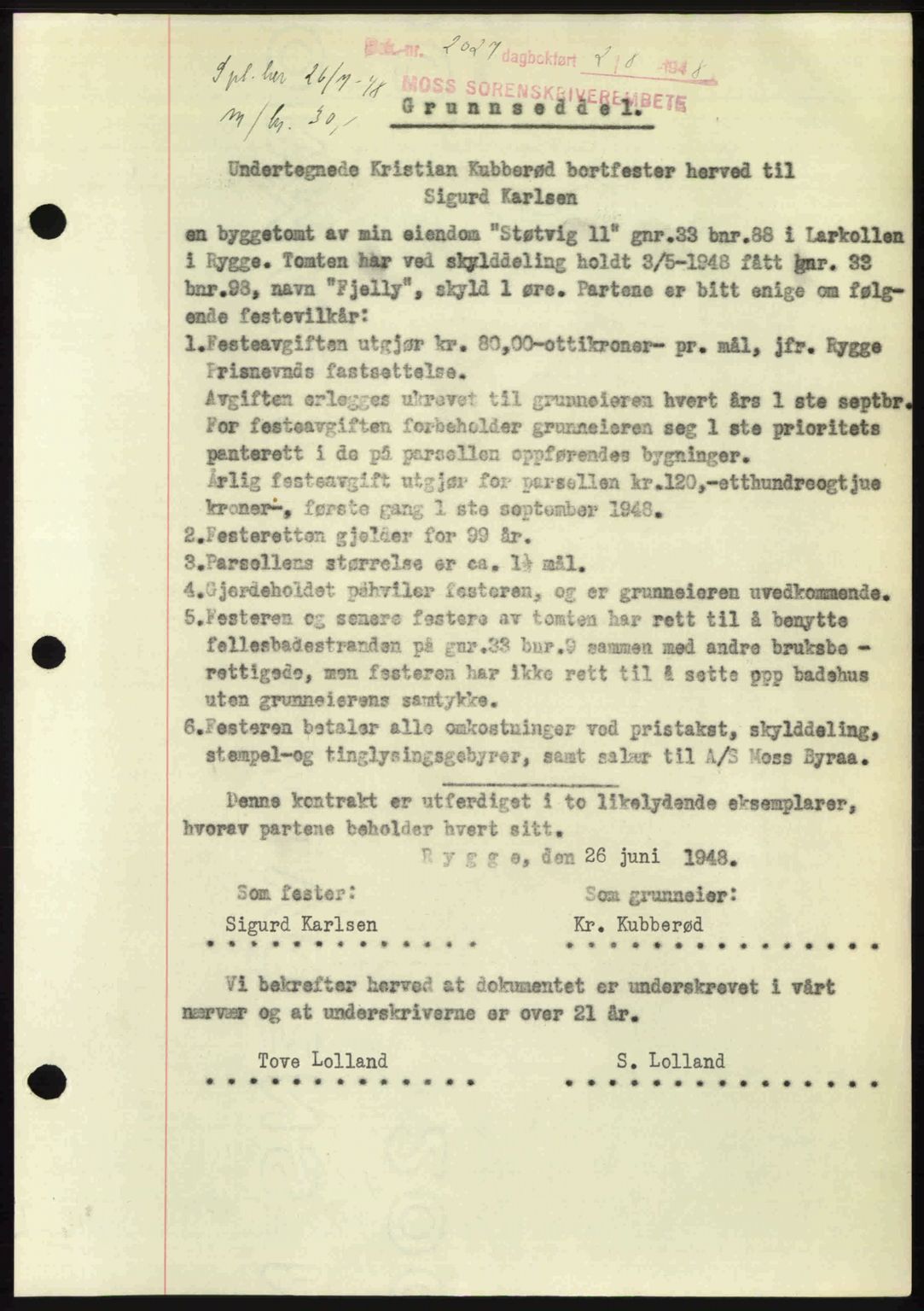 Moss sorenskriveri, SAO/A-10168: Pantebok nr. A20, 1948-1948, Dagboknr: 2027/1948