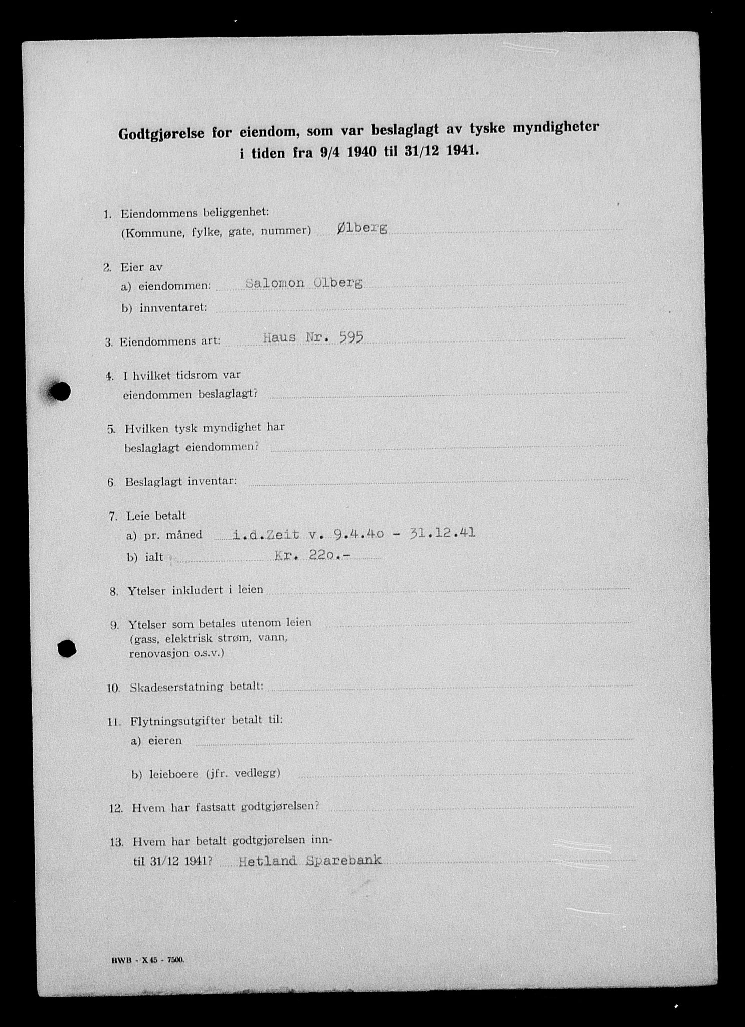 Justisdepartementet, Tilbakeføringskontoret for inndratte formuer, AV/RA-S-1564/I/L1015: Godtgjørelse for beslaglagt eiendom, 1940-1941, s. 38