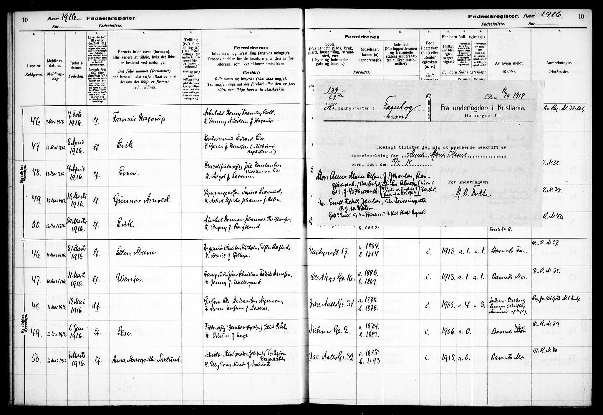 Fagerborg prestekontor Kirkebøker, SAO/A-10844/J/Ja/L0001: Fødselsregister nr. 1, 1916-1925