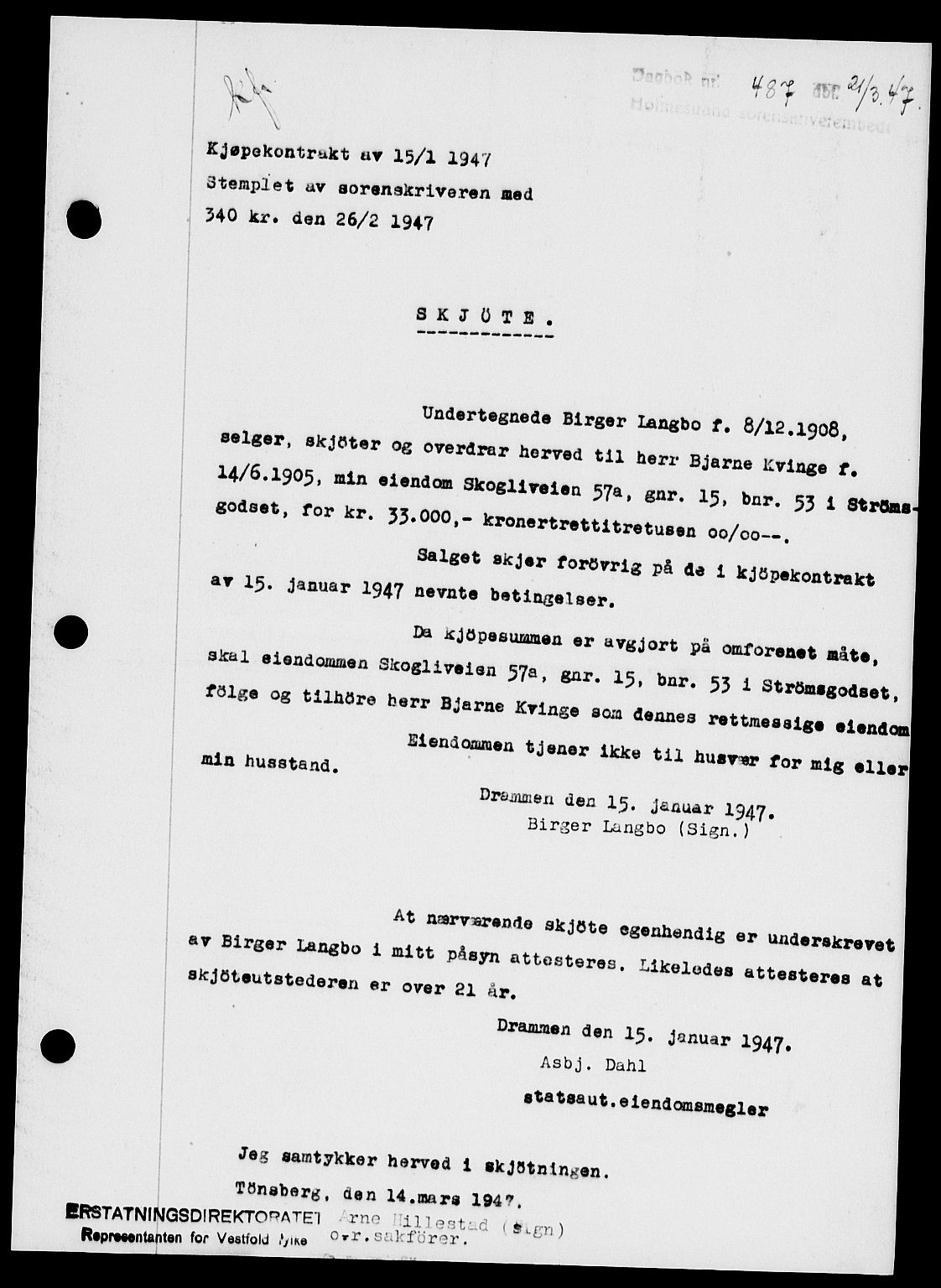 Holmestrand sorenskriveri, SAKO/A-67/G/Ga/Gaa/L0061: Pantebok nr. A-61, 1946-1947, Dagboknr: 487/1947