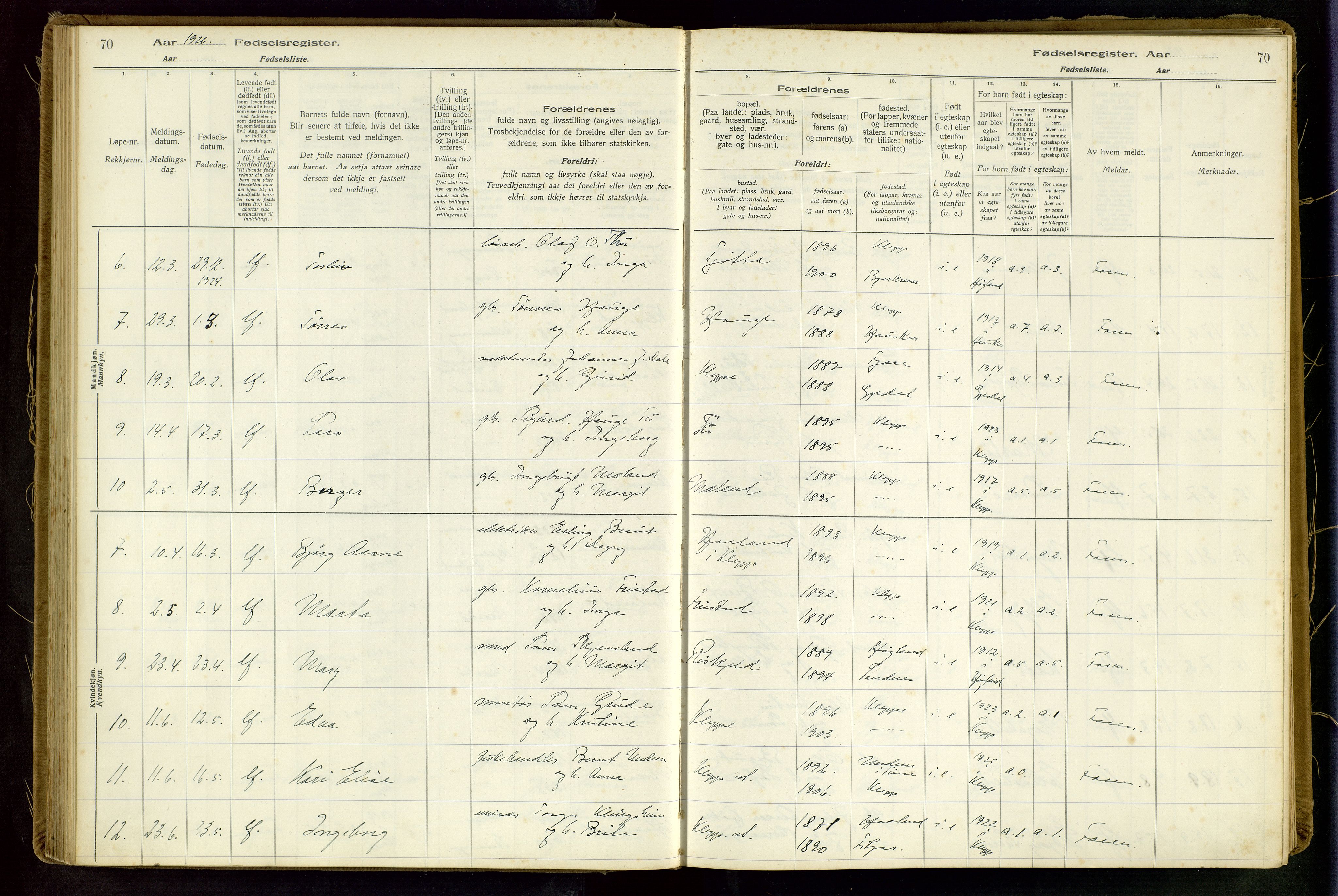 Klepp sokneprestkontor, AV/SAST-A-101803/001/704BAA/L0001: Fødselsregister nr. 1, 1916-1948, s. 70