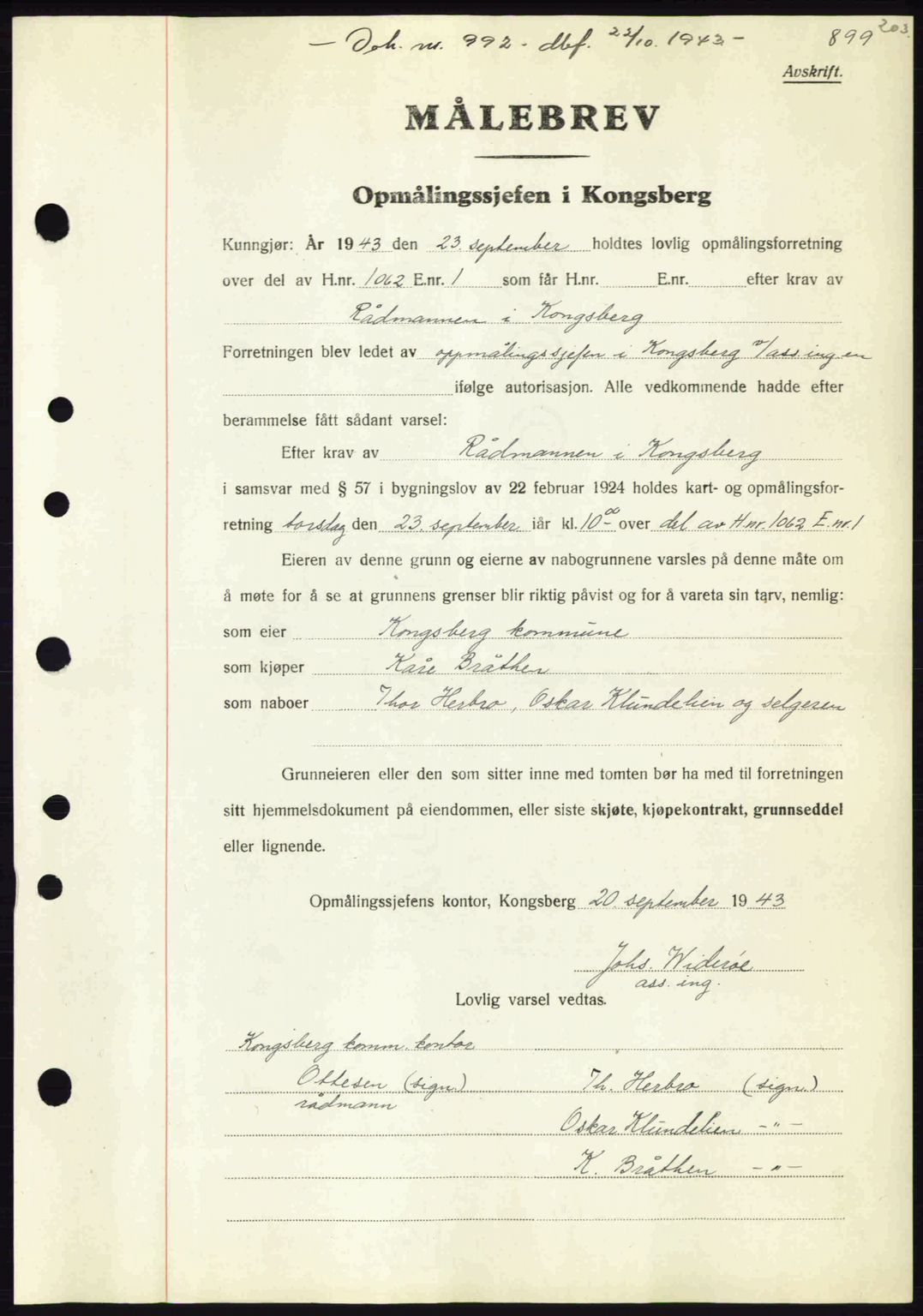 Numedal og Sandsvær sorenskriveri, SAKO/A-128/G/Ga/Gaa/L0055: Pantebok nr. A7, 1943-1944, Dagboknr: 992/1943