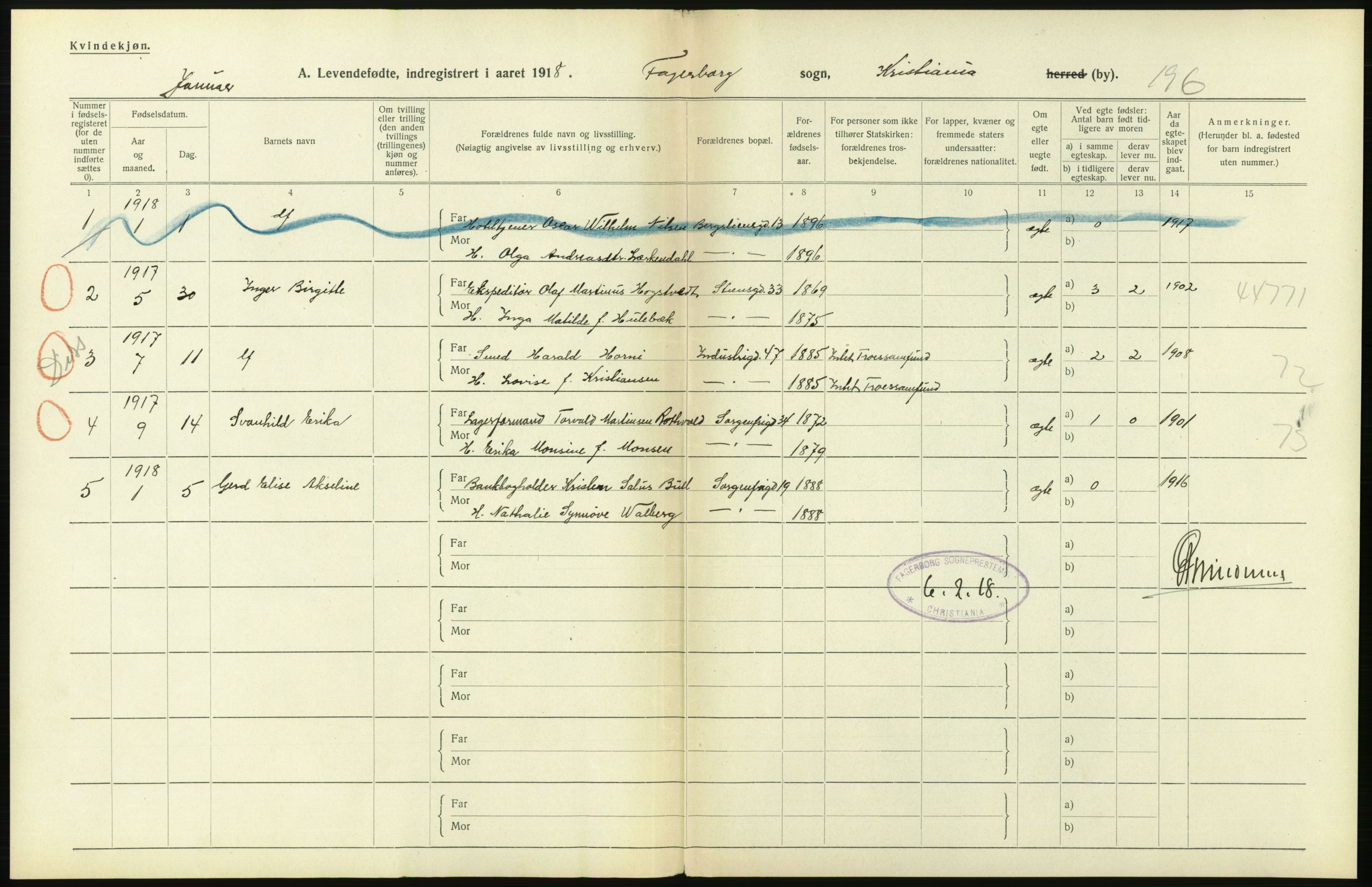 Statistisk sentralbyrå, Sosiodemografiske emner, Befolkning, AV/RA-S-2228/D/Df/Dfb/Dfbh/L0007: Kristiania: Levendefødte menn og kvinner., 1918, s. 358