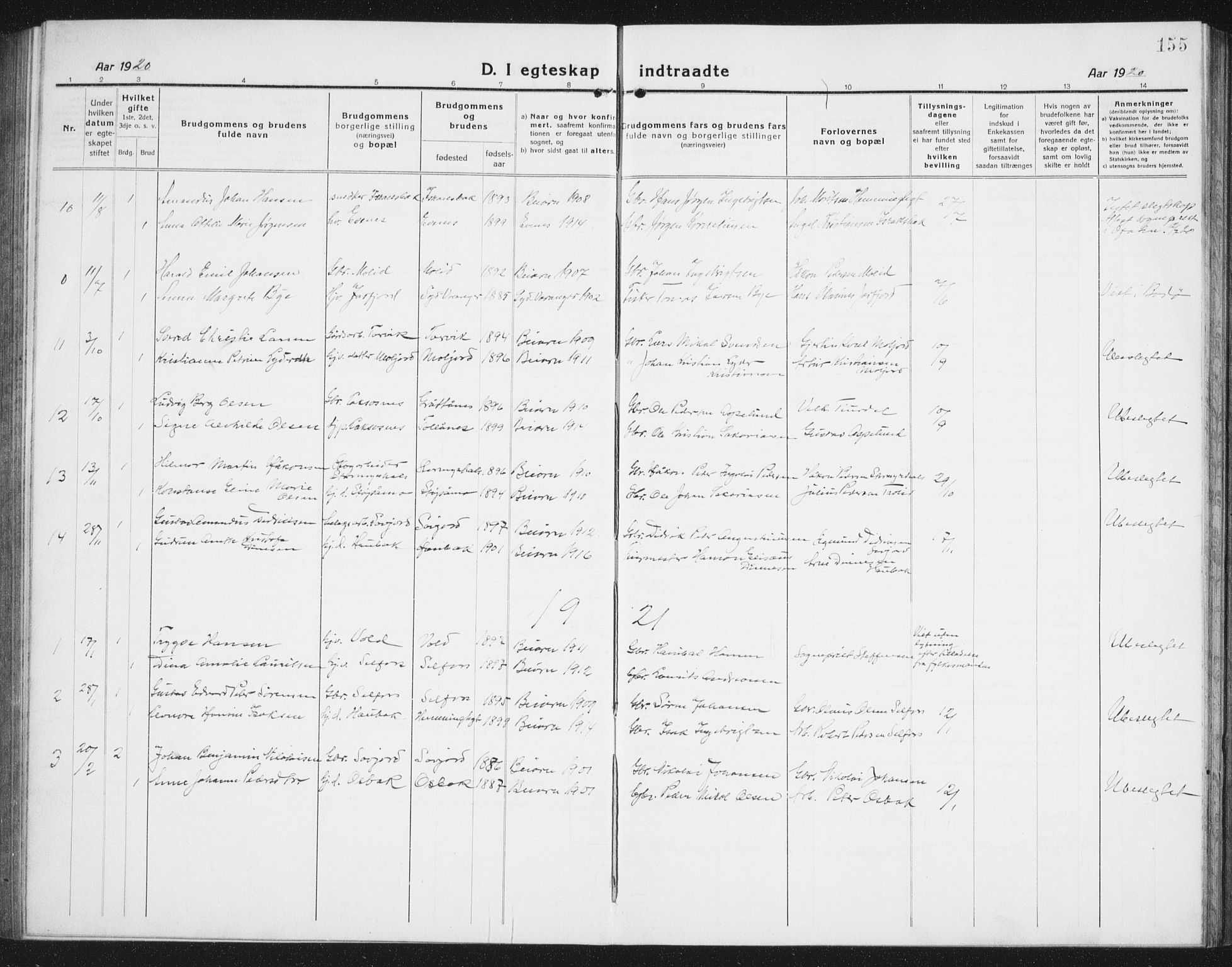 Ministerialprotokoller, klokkerbøker og fødselsregistre - Nordland, SAT/A-1459/846/L0656: Klokkerbok nr. 846C06, 1917-1936, s. 155