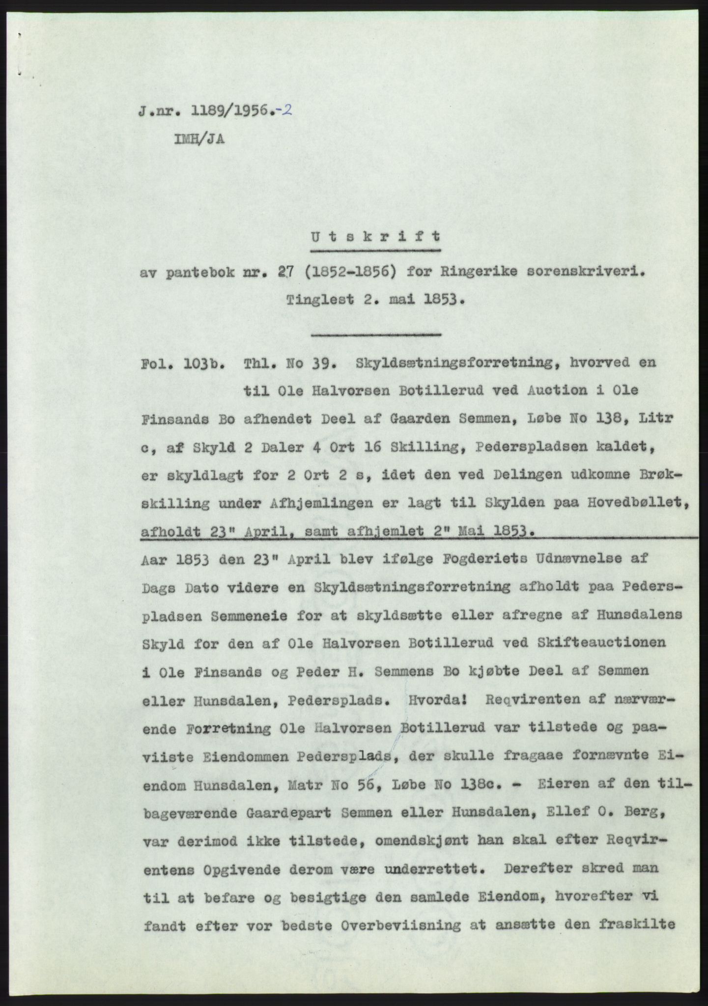 Statsarkivet i Kongsberg, AV/SAKO-A-0001/E/Ee/L0007: Avskrifter, SAO jnr. 802/1956 - 1199/1956, 1956, s. 442