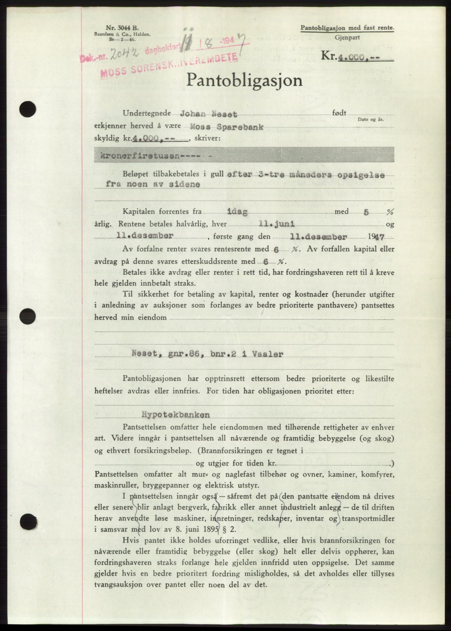 Moss sorenskriveri, SAO/A-10168: Pantebok nr. B17, 1947-1947, Dagboknr: 2042/1947