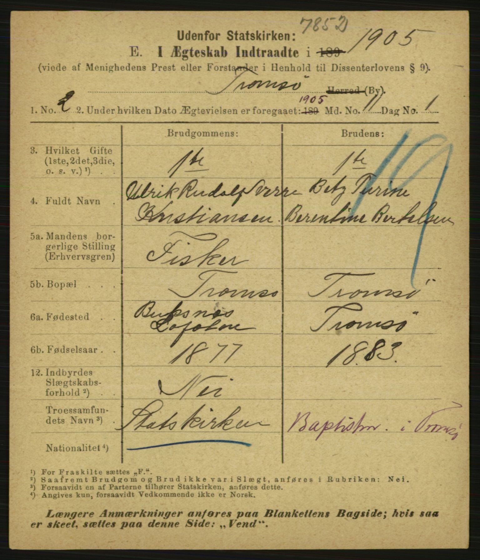 Statistisk sentralbyrå, Sosiodemografiske emner, Befolkning, AV/RA-S-2228/E/L0003: Fødte, gifte, døde dissentere., 1905, s. 2097