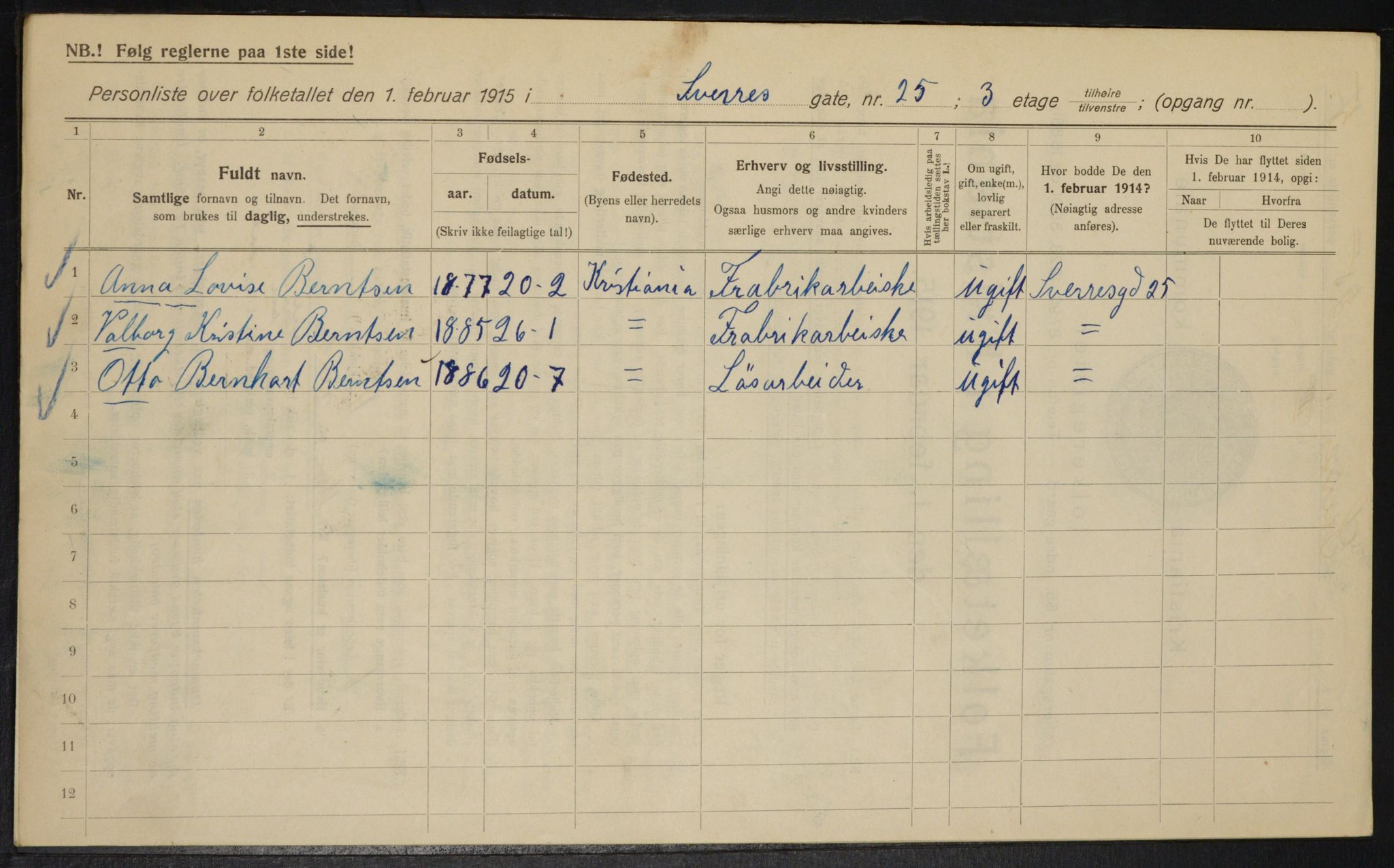 OBA, Kommunal folketelling 1.2.1915 for Kristiania, 1915, s. 106350