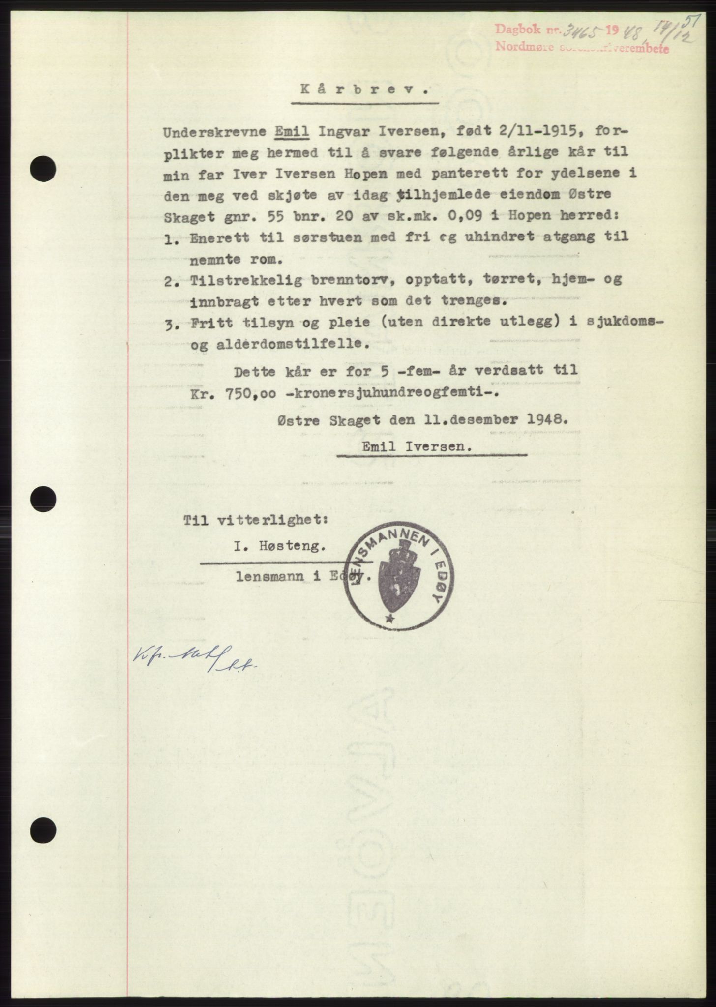 Nordmøre sorenskriveri, SAT/A-4132/1/2/2Ca: Pantebok nr. B100, 1948-1949, Dagboknr: 3465/1948