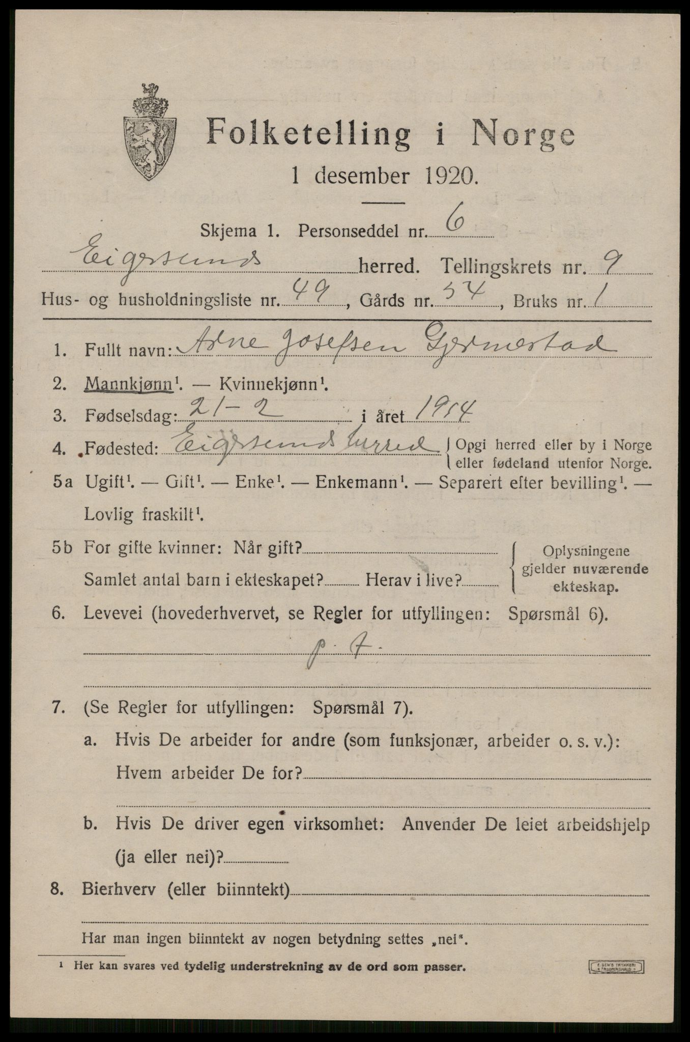 SAST, Folketelling 1920 for 1116 Eigersund herred, 1920, s. 6315