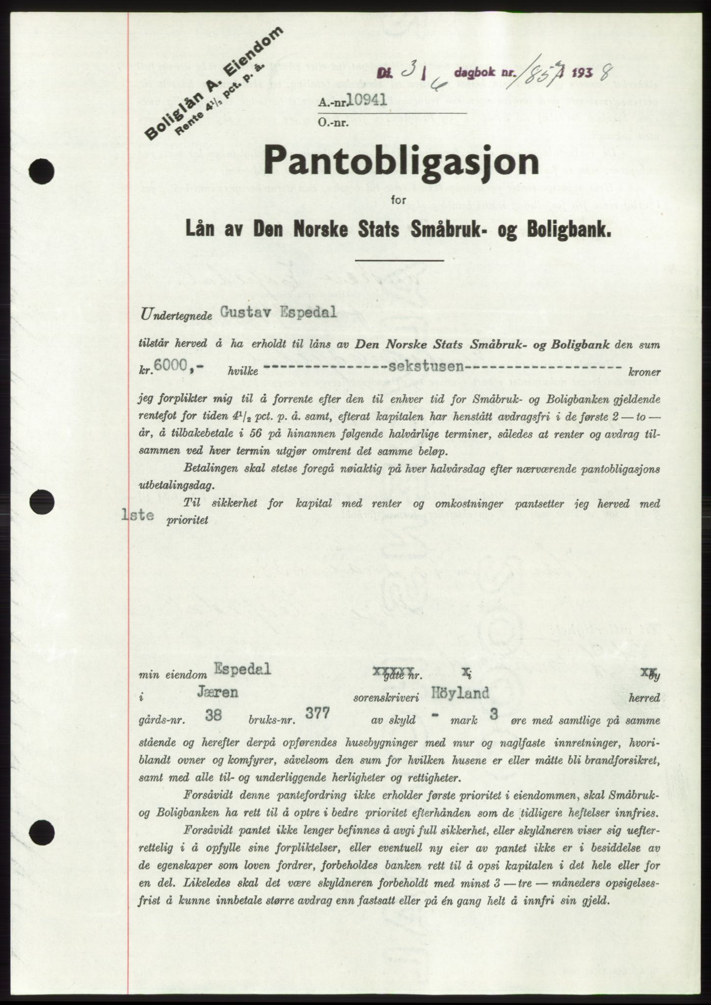 Jæren sorenskriveri, SAST/A-100310/03/G/Gba/L0071: Pantebok, 1938-1938, Dagboknr: 1857/1938