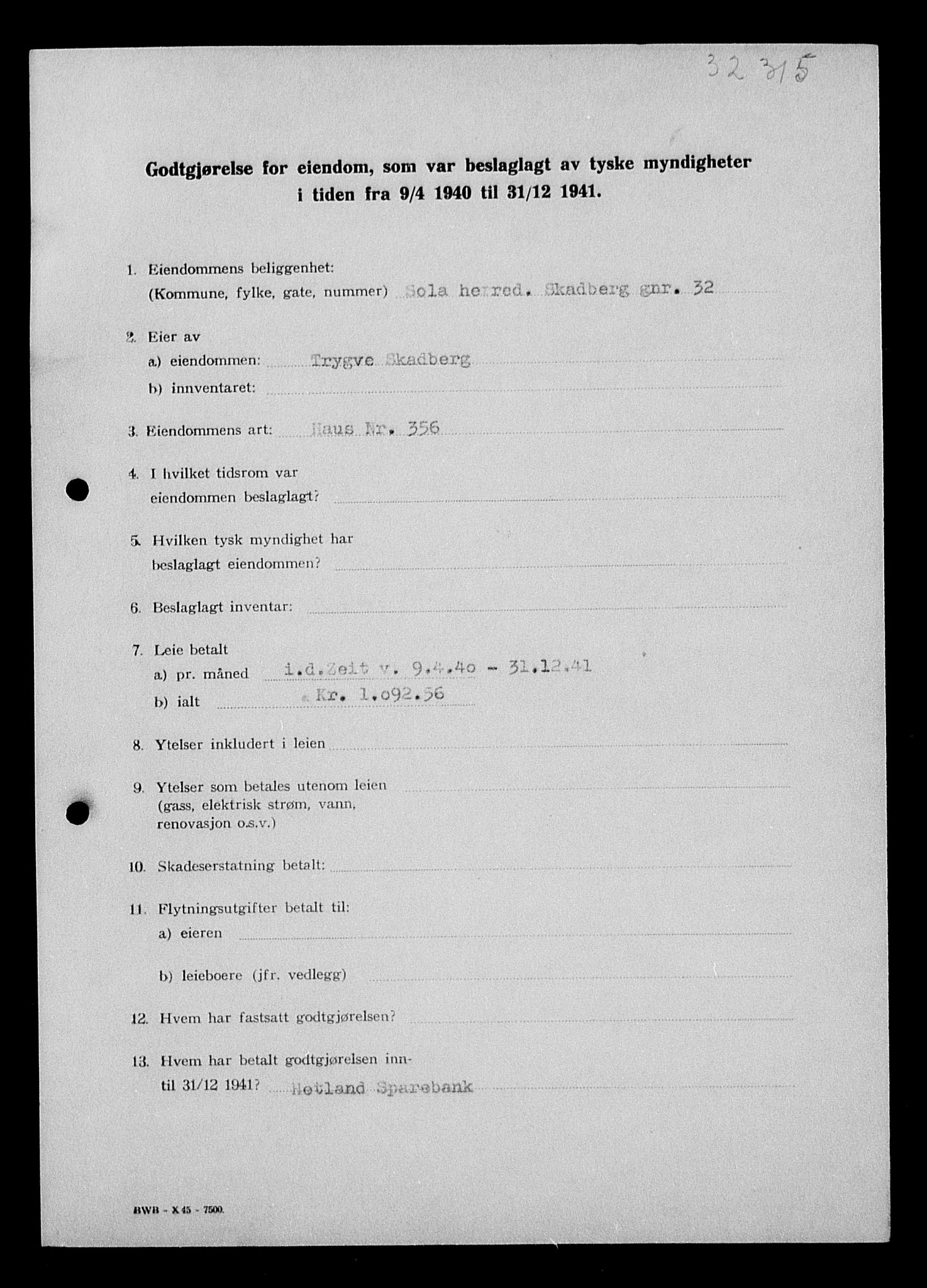 Justisdepartementet, Tilbakeføringskontoret for inndratte formuer, AV/RA-S-1564/I/L1015: Godtgjørelse for beslaglagt eiendom, 1940-1941, s. 174