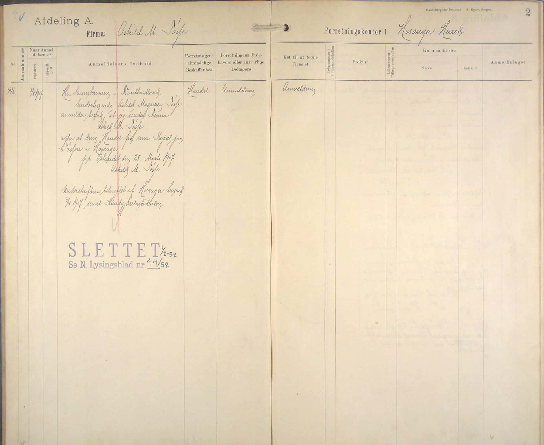 Nordhordland sorenskrivar, SAB/A-2901/1/L/La/L0003: Firma for einskildmann, ansvarlege selskap og kommandittselskap, 1907-1931, s. 2