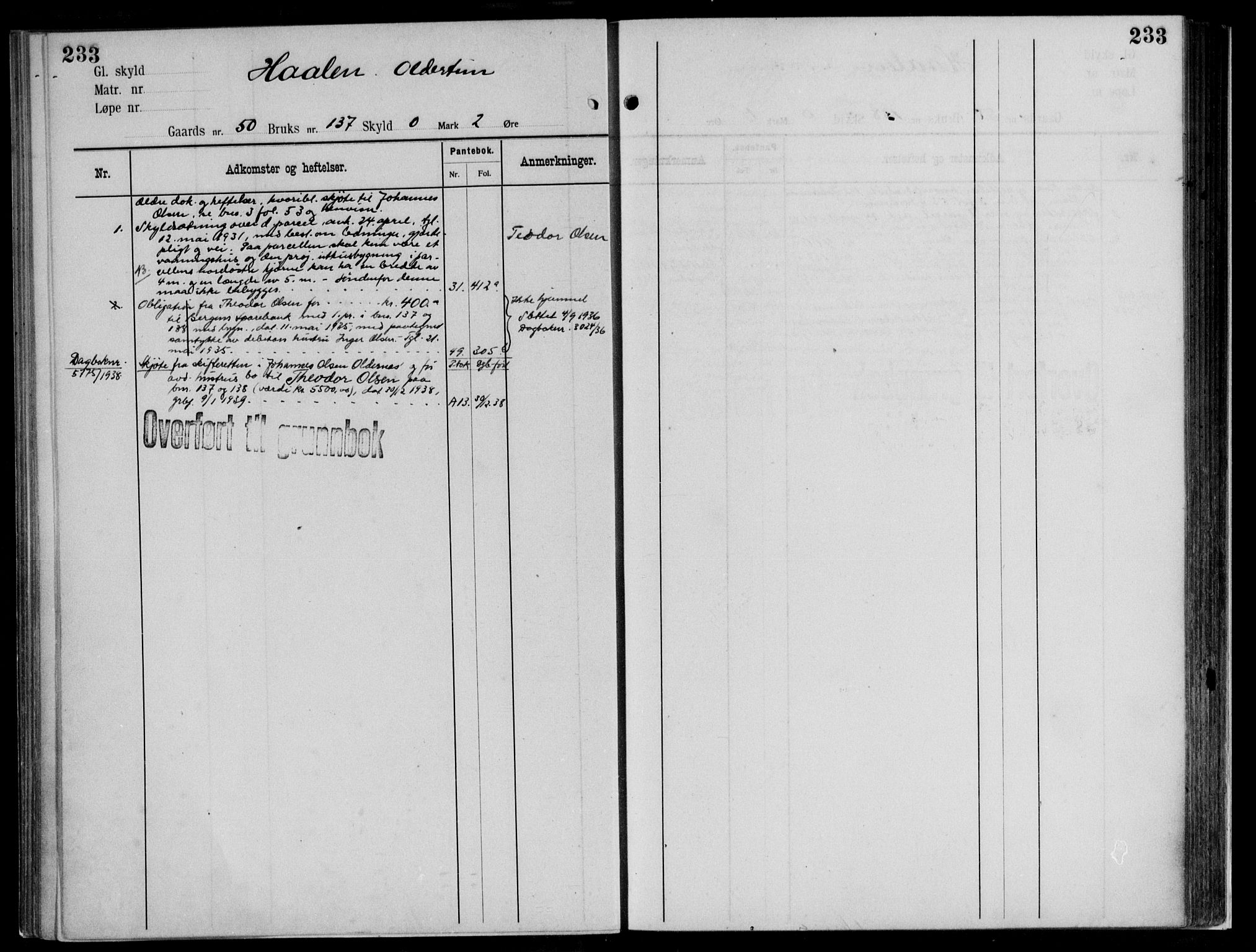 Midhordland sorenskriveri, AV/SAB-A-3001/1/G/Ga/Gab/L0112: Panteregister nr. II.A.b.112, s. 233