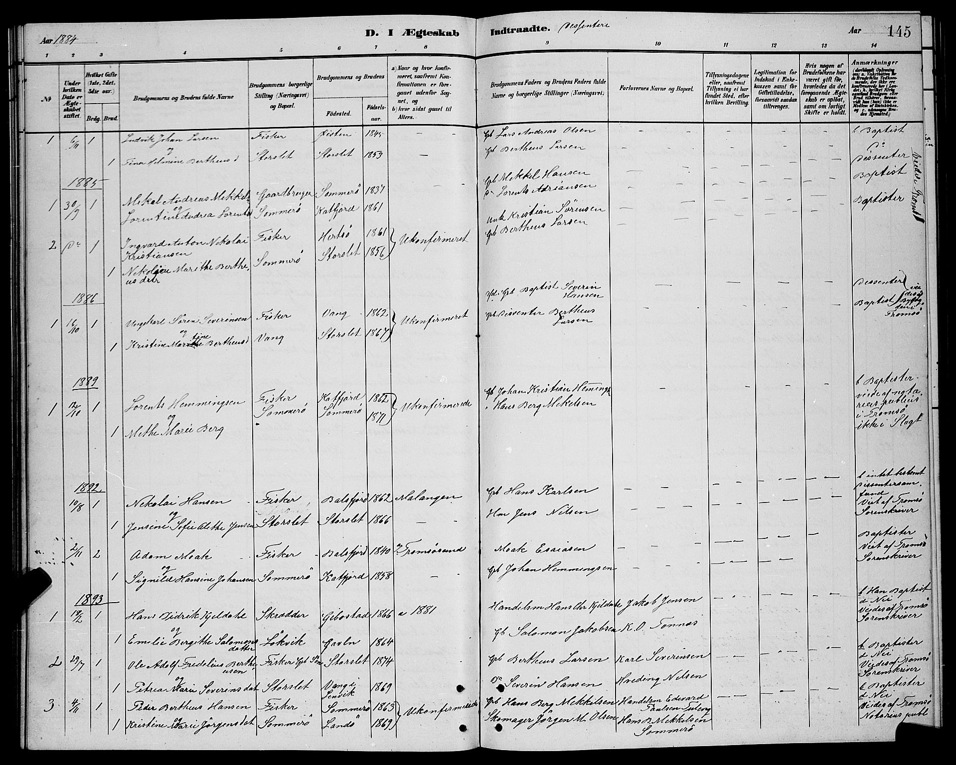 Lenvik sokneprestembete, SATØ/S-1310/H/Ha/Hab/L0021klokker: Klokkerbok nr. 21, 1884-1900, s. 145