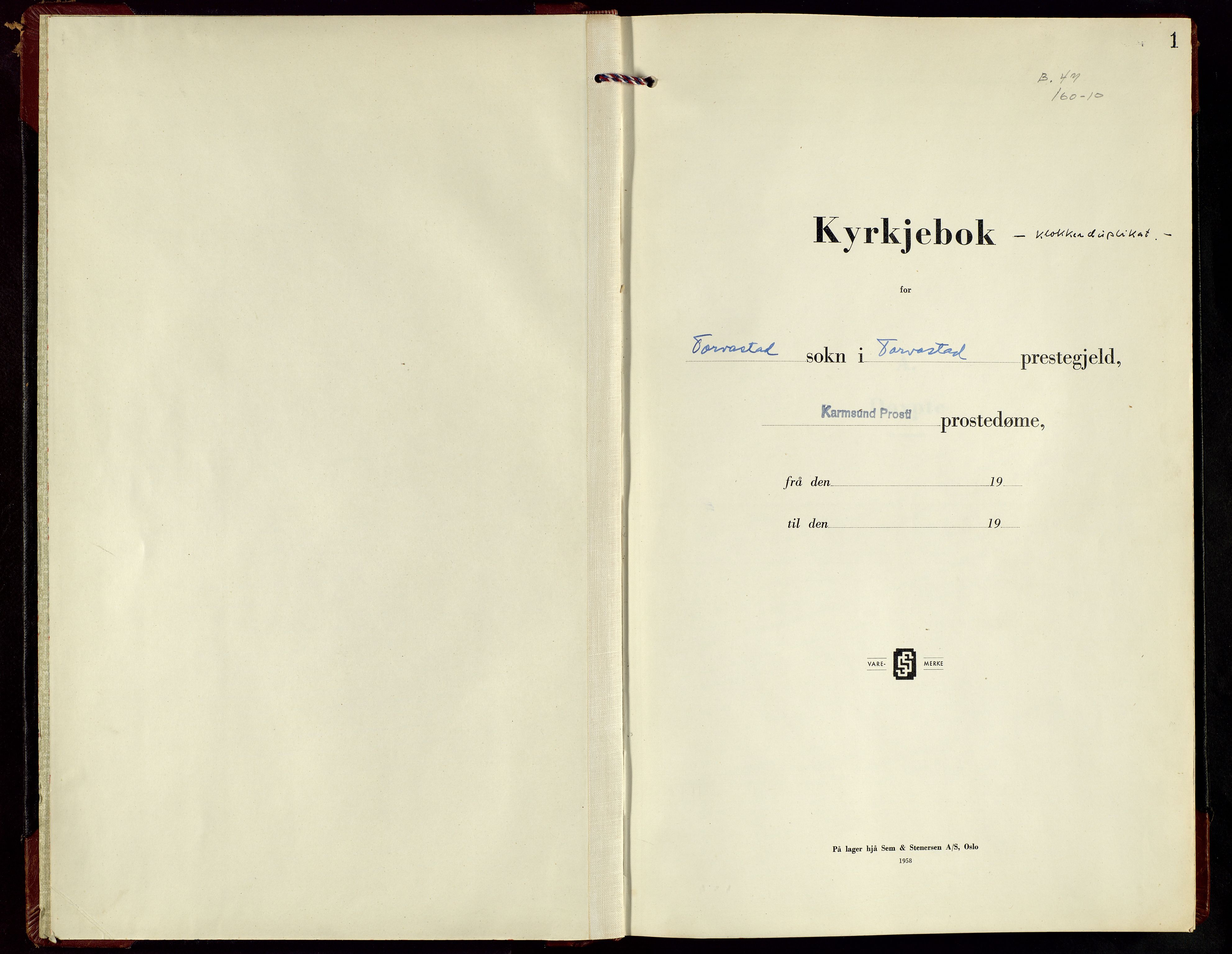 Torvastad sokneprestkontor, SAST/A -101857/H/Ha/Hab/L0011: Klokkerbok nr. B 11, 1958-1970, s. 1