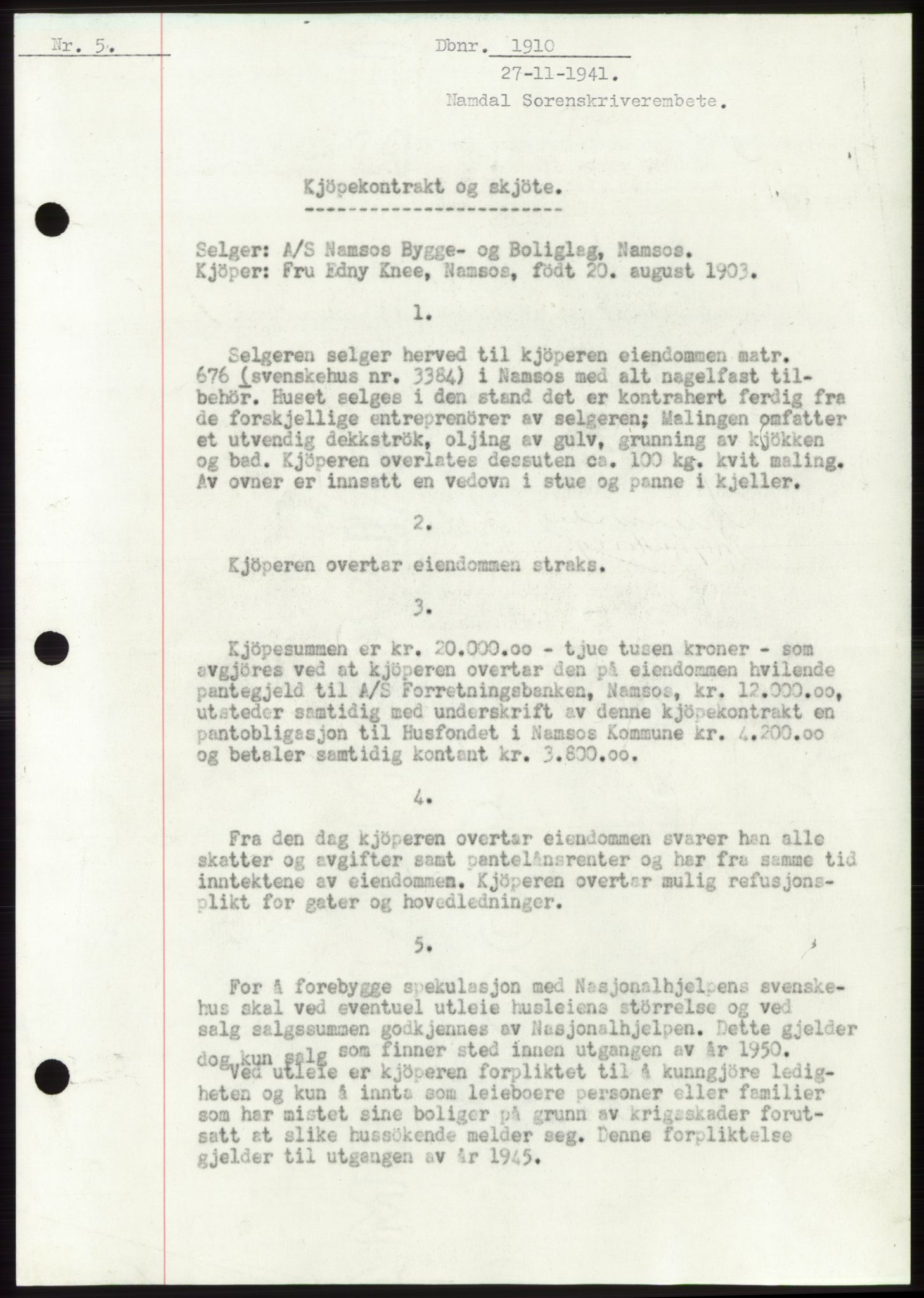 Namdal sorenskriveri, SAT/A-4133/1/2/2C: Pantebok nr. -, 1941-1942, Dagboknr: 1910/1941