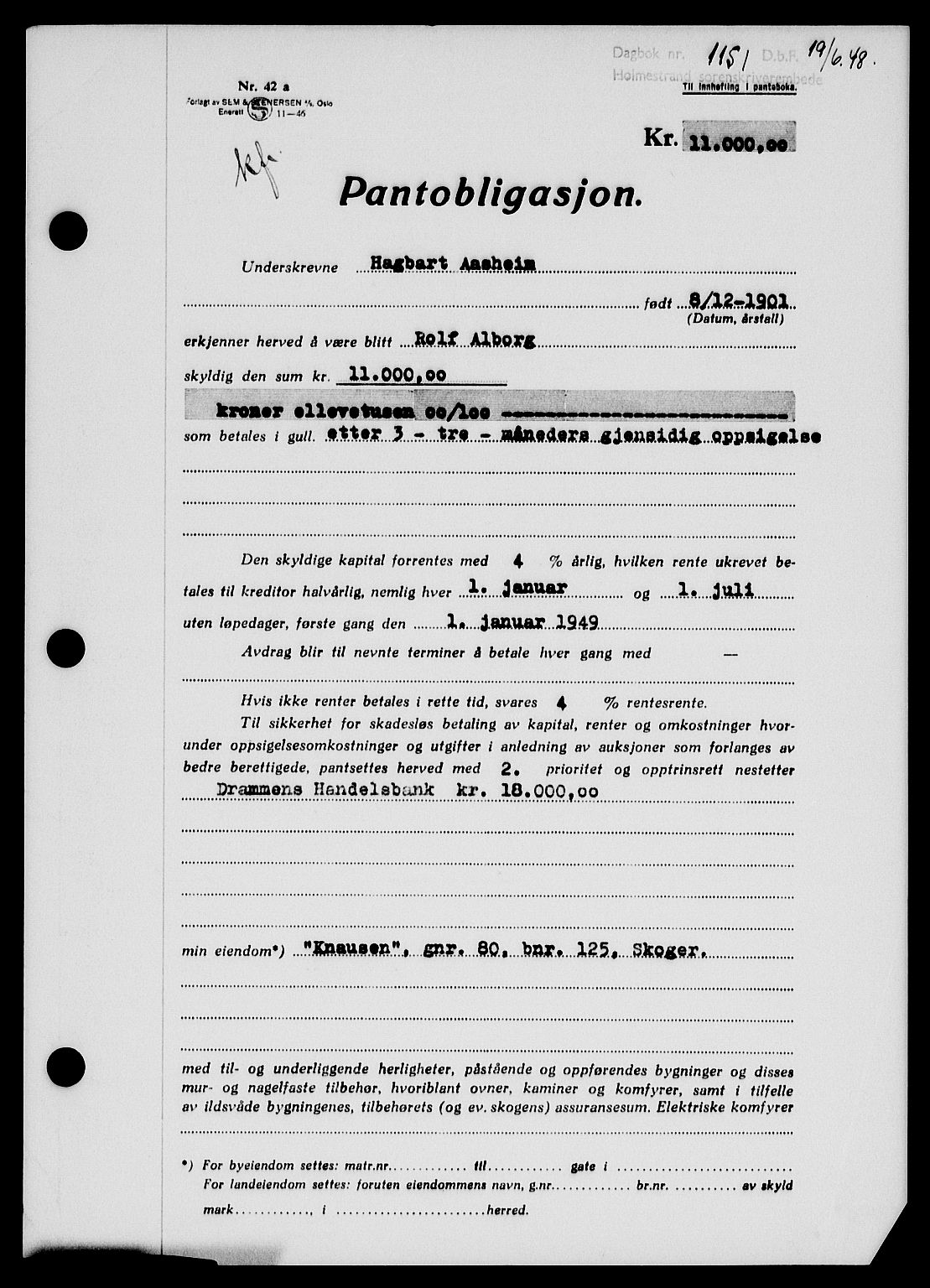 Holmestrand sorenskriveri, SAKO/A-67/G/Ga/Gab/L0058: Pantebok nr. B-58, 1947-1948, Dagboknr: 1151/1948