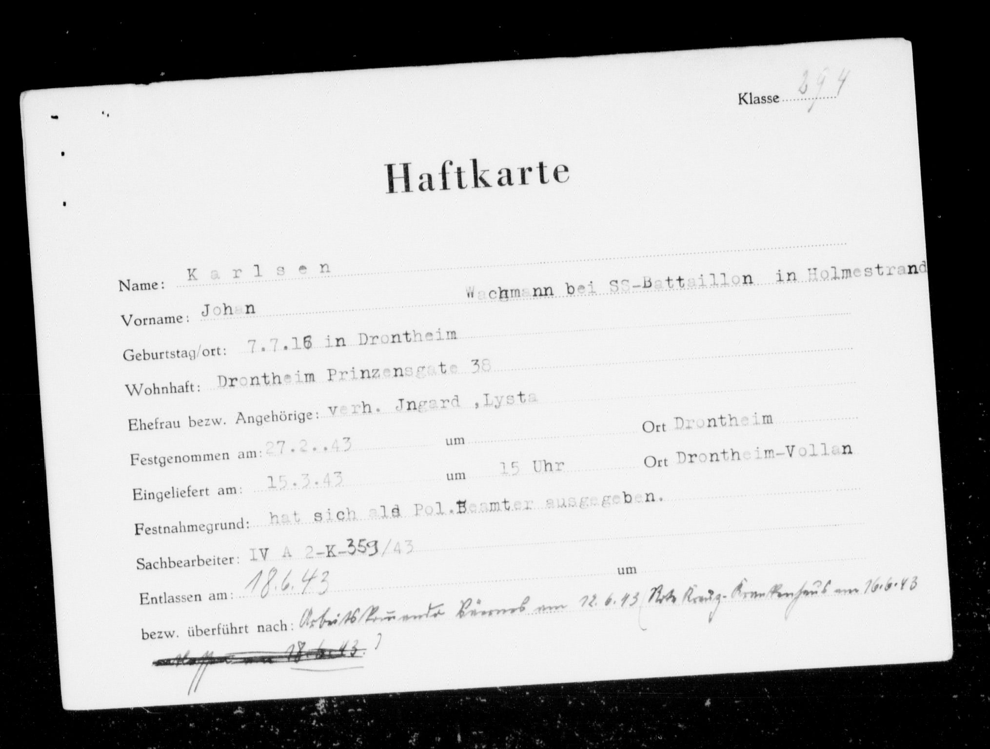 Befehlshaber der Sicherheitspolizei und des SD, AV/RA-RAFA-5969/F/Fc/L0006: Fangeregister Falstad: I - Kj, 1941-1945