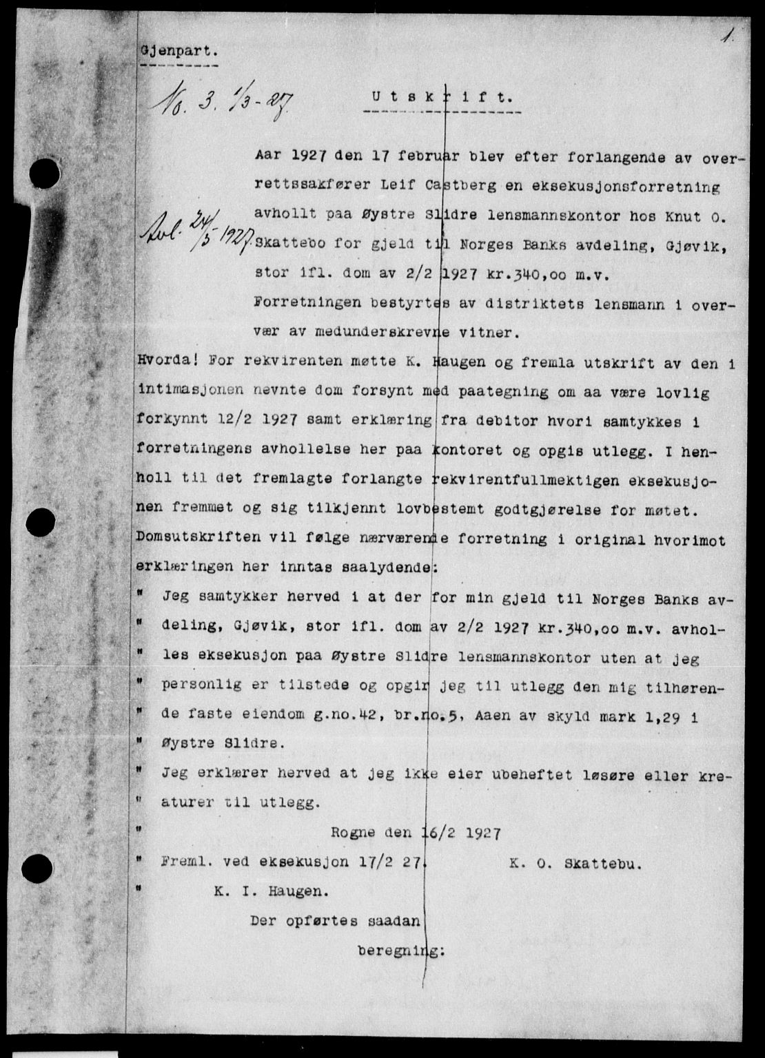 Valdres sorenskriveri, AV/SAH-TING-016/H/Hb/Hba/L0046: Pantebok nr. 46, 1927-1927, s. 1