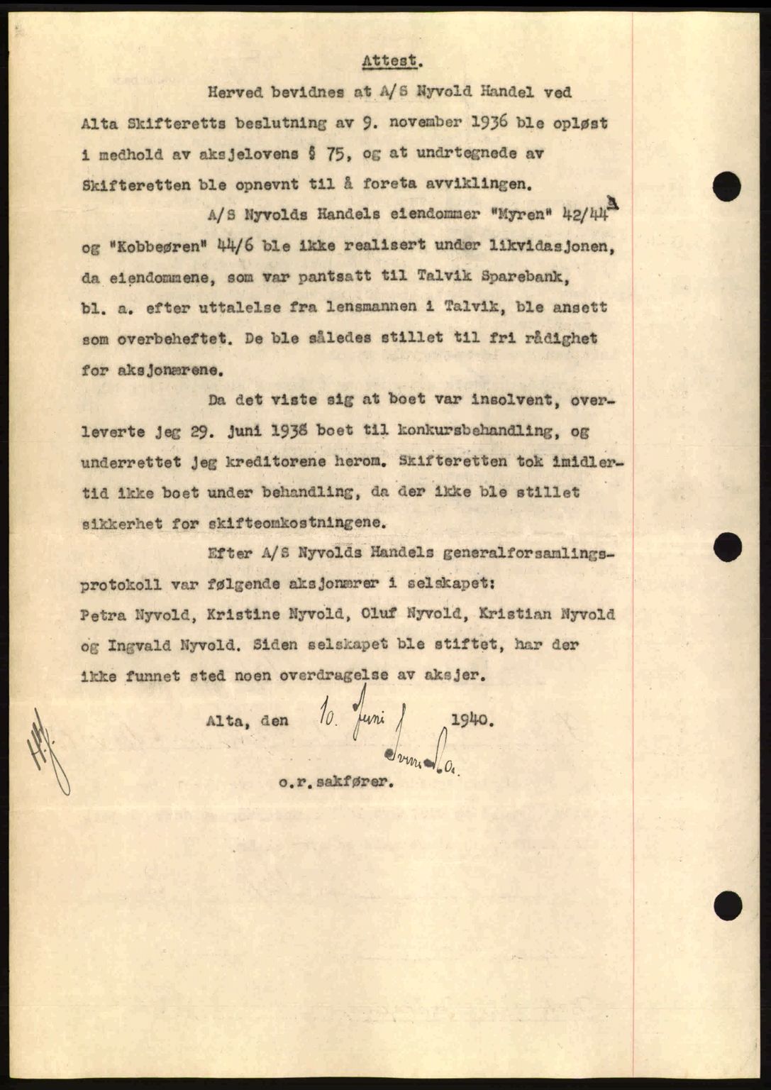 Alta fogderi/sorenskriveri, SATØ/SATØ-5/1/K/Kd/L0033pantebok: Pantebok nr. 33, 1940-1943, Dagboknr: 311/1940