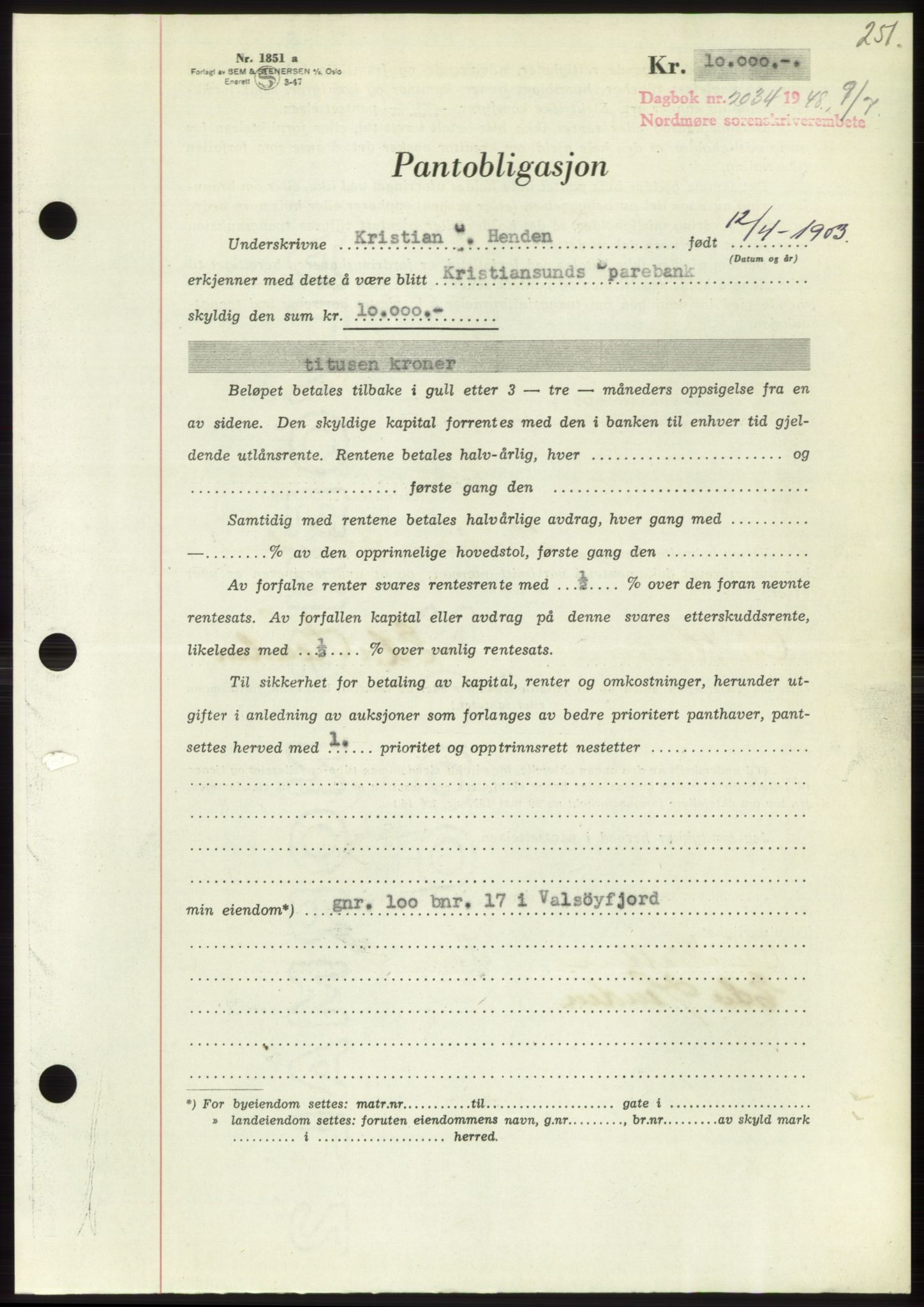 Nordmøre sorenskriveri, SAT/A-4132/1/2/2Ca: Pantebok nr. B99, 1948-1948, Dagboknr: 2034/1948