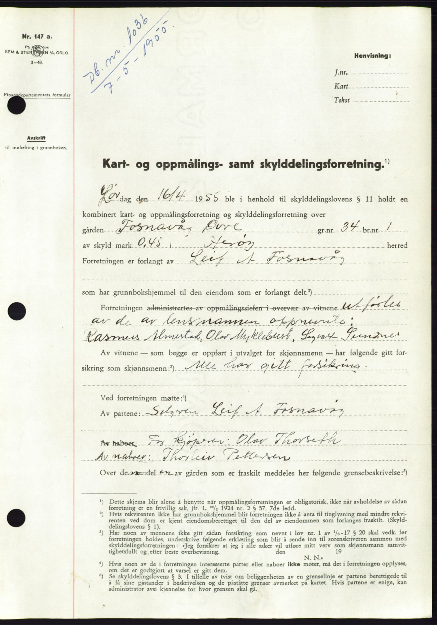 Søre Sunnmøre sorenskriveri, SAT/A-4122/1/2/2C/L0100: Pantebok nr. 26A, 1954-1955, Dagboknr: 1036/1955