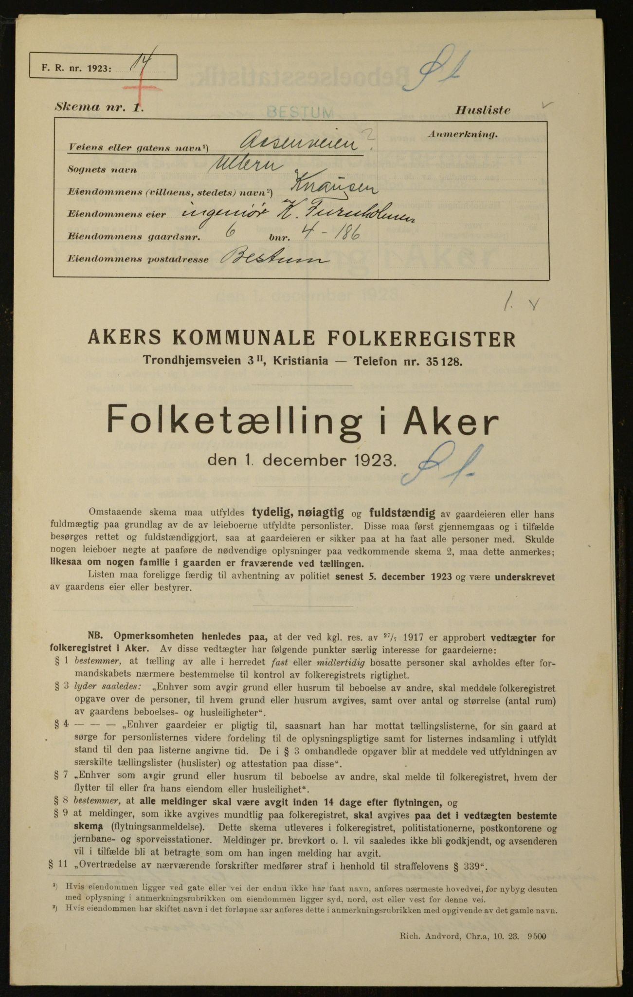 , Kommunal folketelling 1.12.1923 for Aker, 1923, s. 70