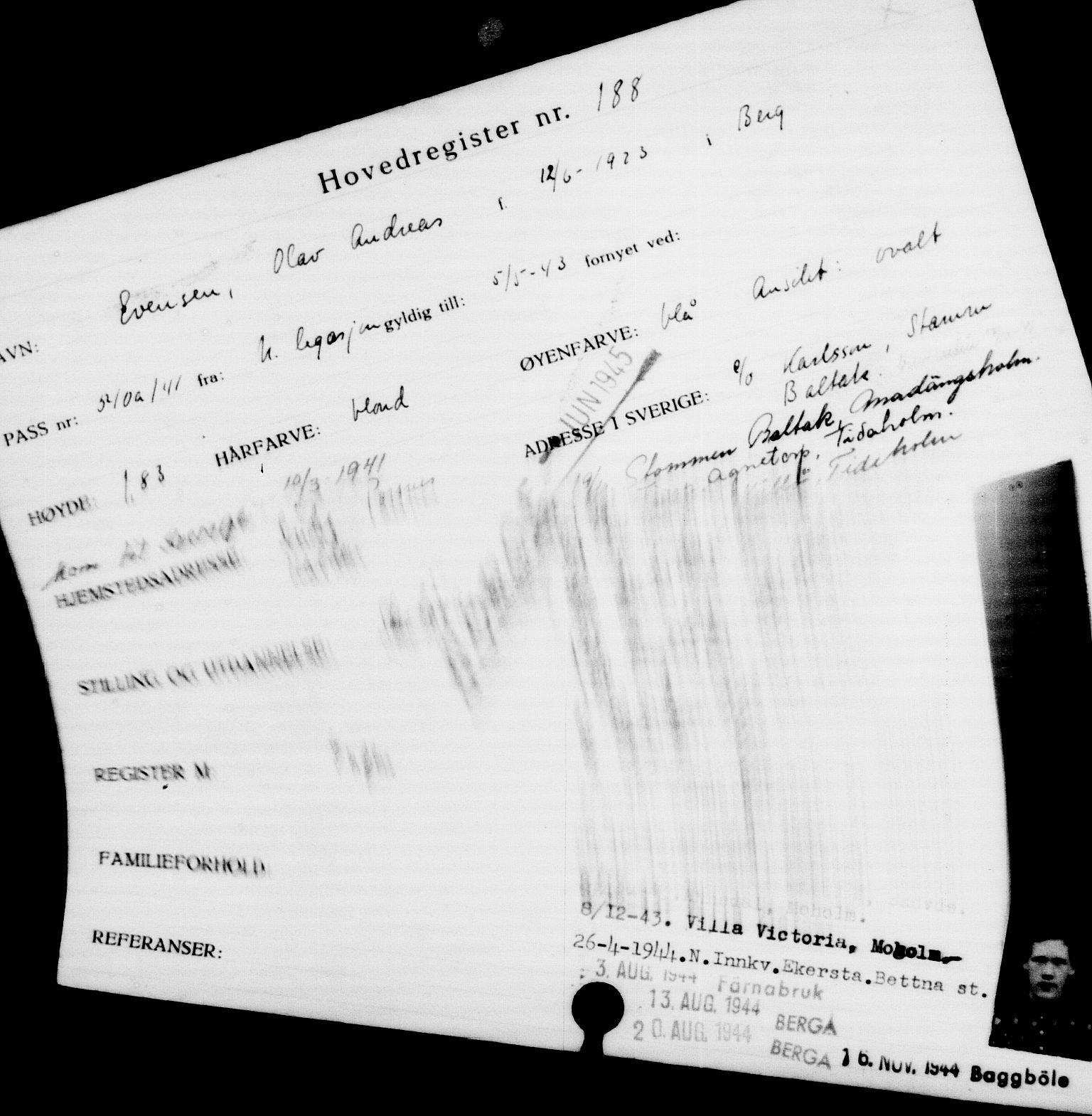 Utenriksstasjonene, Legasjonen i Stockholm, Flyktningkontoret, AV/RA-S-6753/V/Va/L0001: Kjesäterkartoteket, flyktninger med registreringsnr. 1-1000, 1940-1945, s. 303