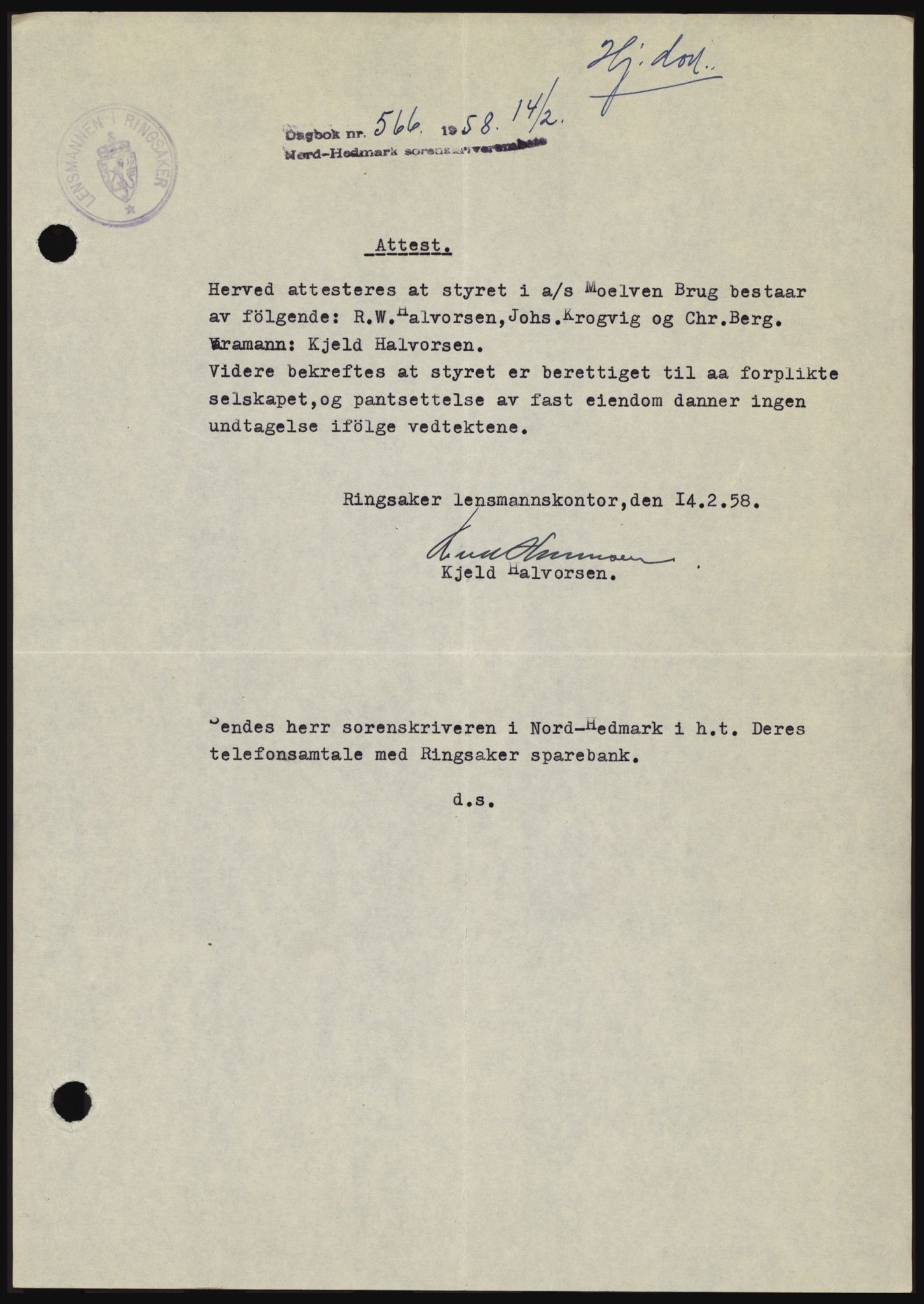 Nord-Hedmark sorenskriveri, SAH/TING-012/H/Hc/L0012: Pantebok nr. 12, 1957-1958, Dagboknr: 566/1958