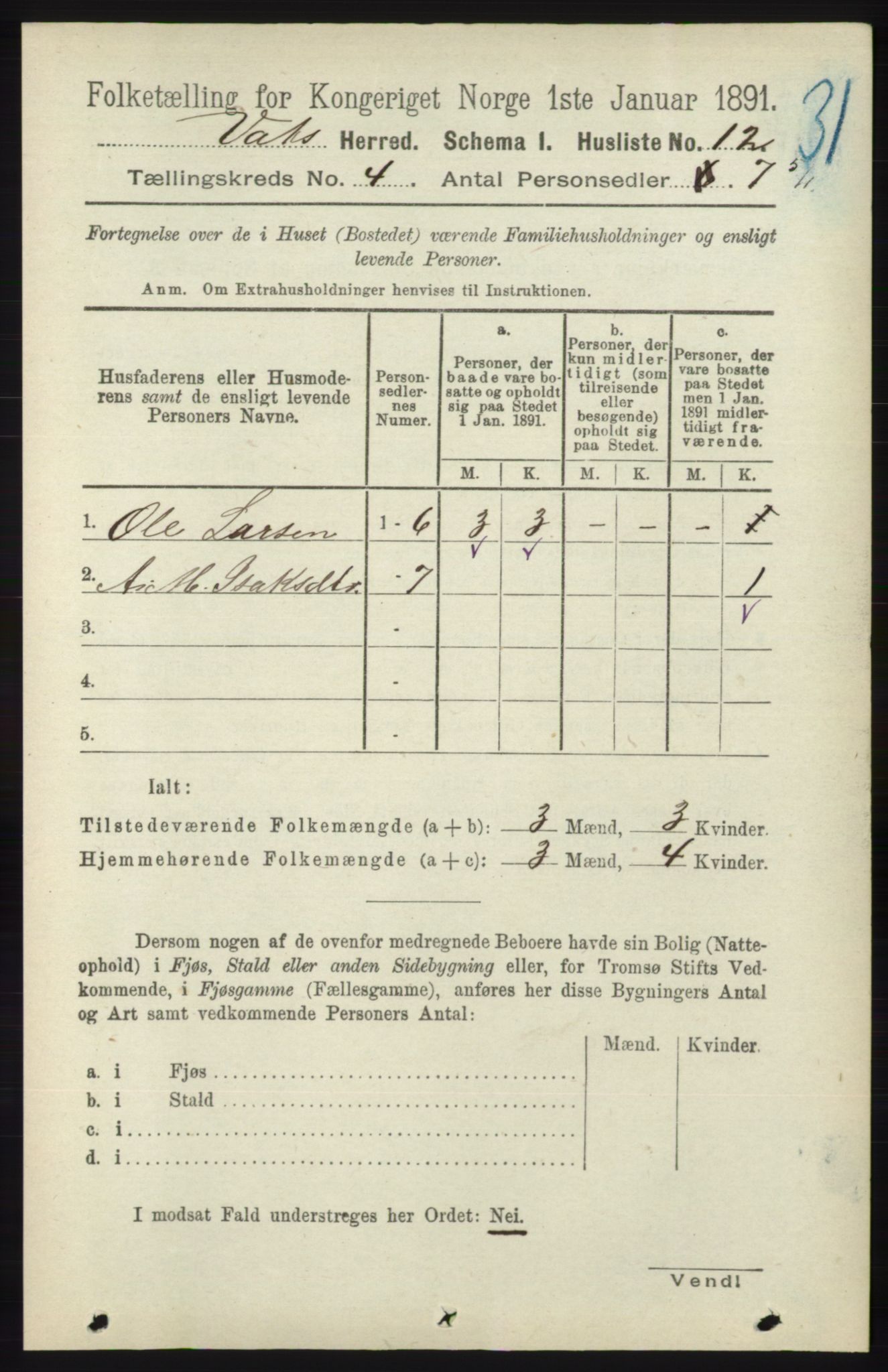 RA, Folketelling 1891 for 1155 Vats herred, 1891, s. 602