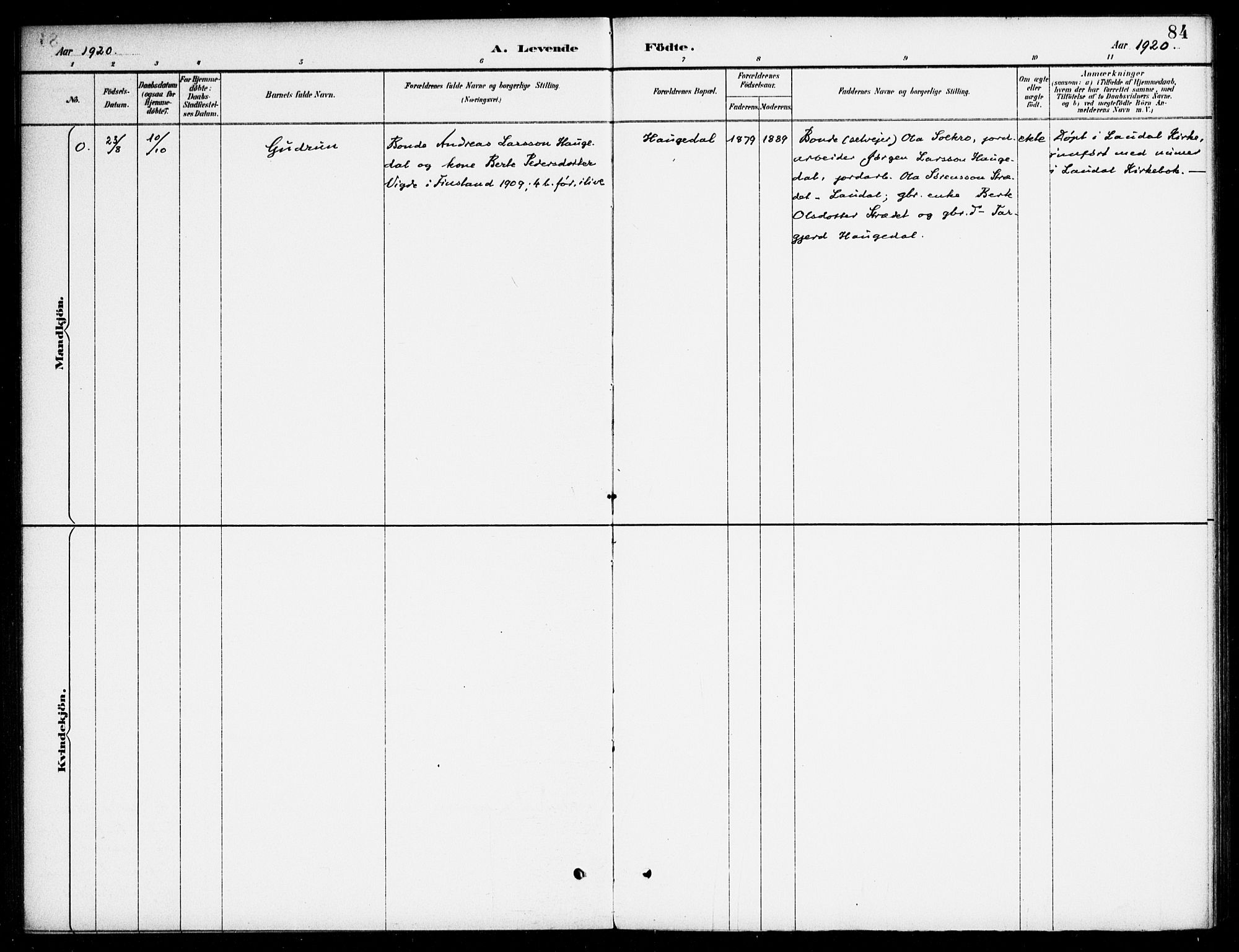 Bjelland sokneprestkontor, AV/SAK-1111-0005/F/Fa/Fab/L0004: Ministerialbok nr. A 4, 1887-1920, s. 84